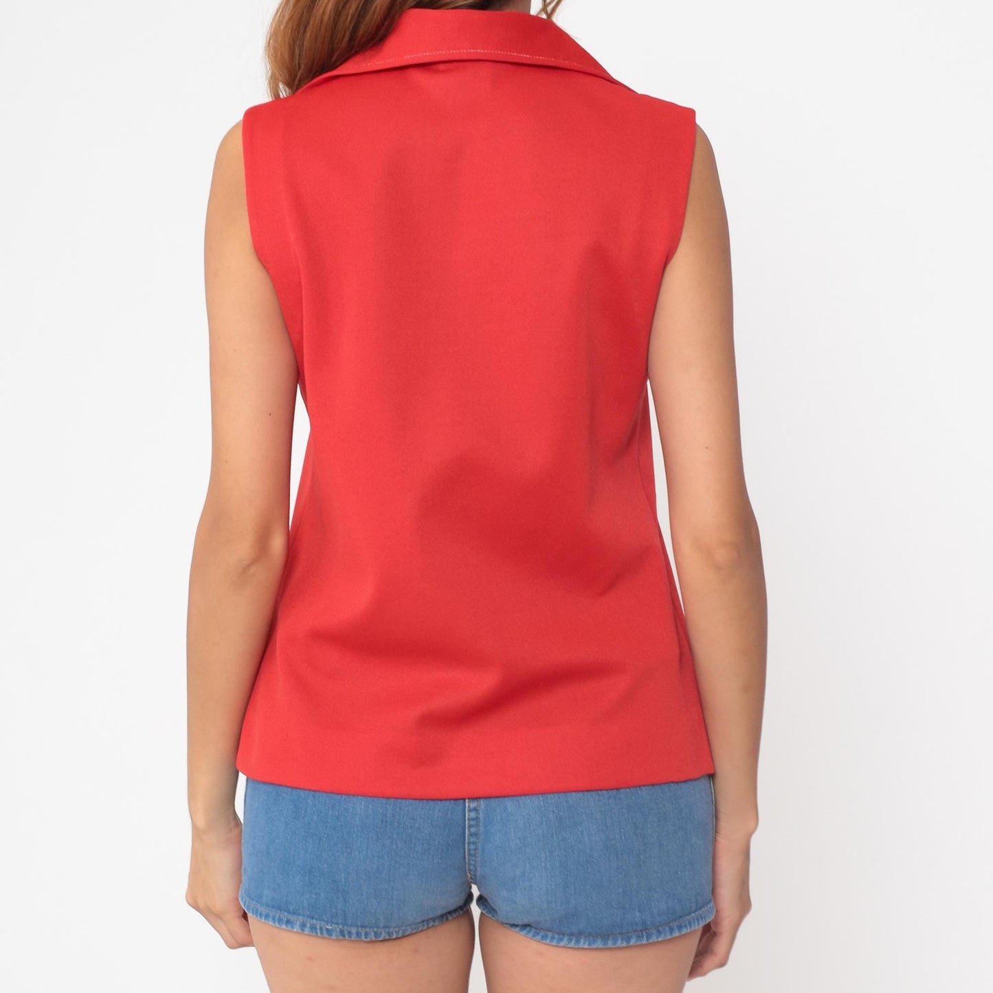 70s Pykettes Red Sleeveless Polo Collared Top Button Placket Medium