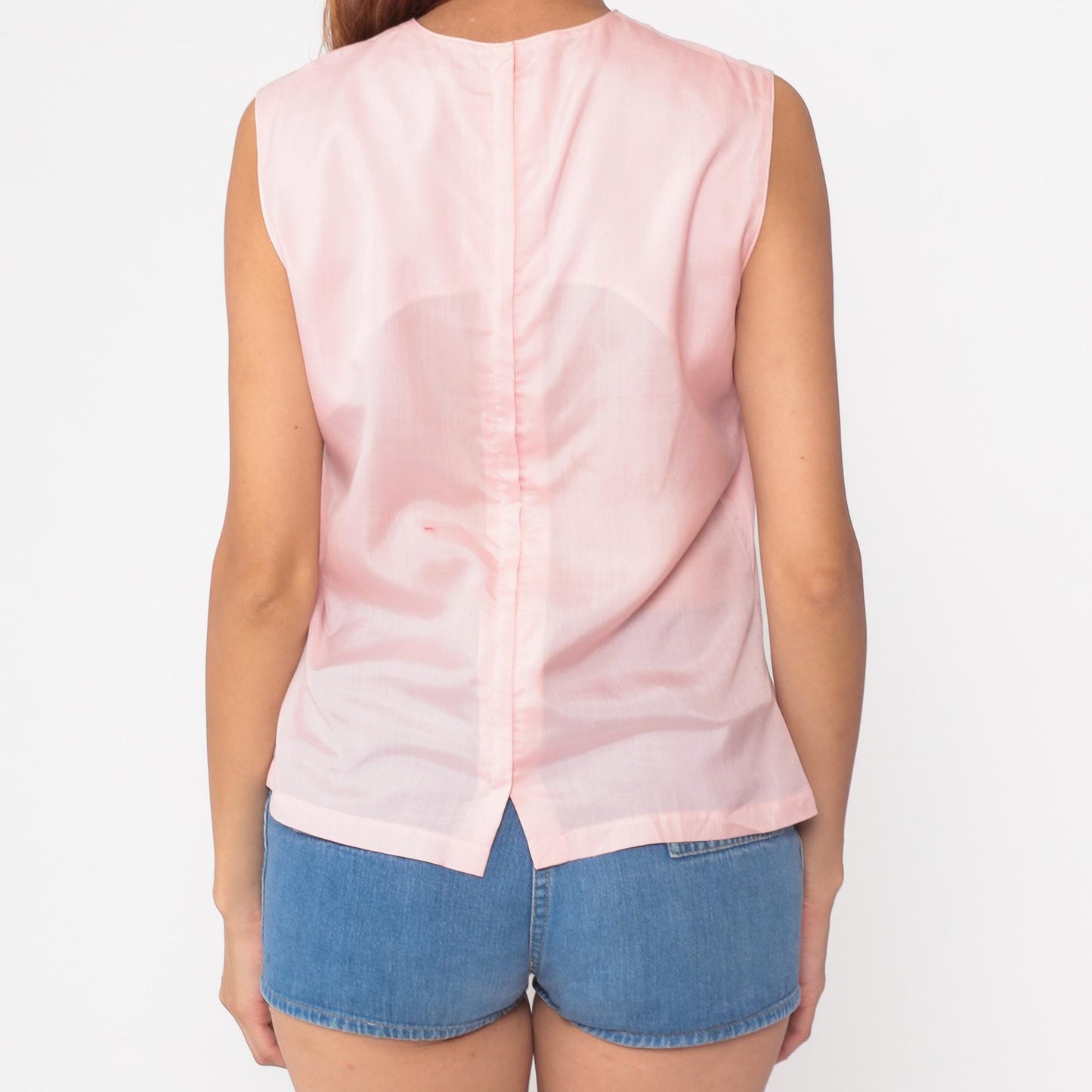 60s Pale Pink Sleeveless Shell Top Split Back Round Neck Small