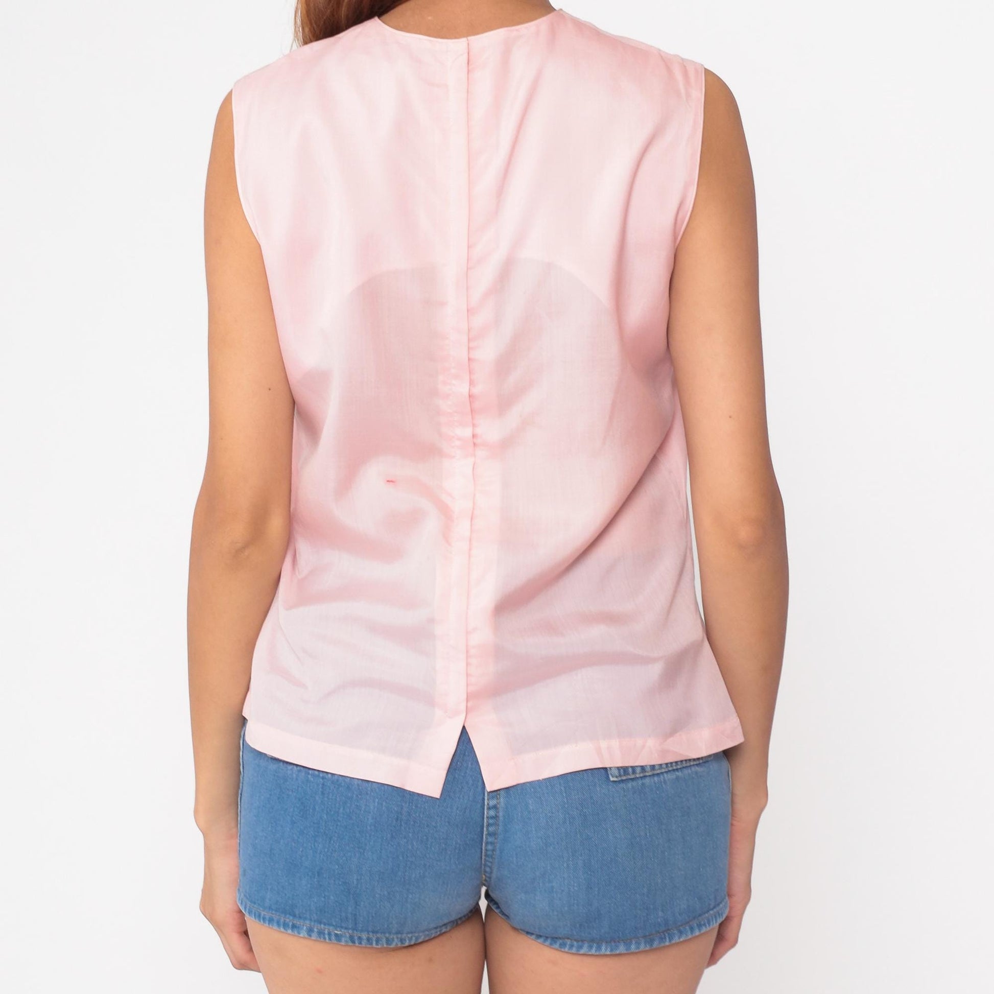 60s Pale Pink Sleeveless Shell Top Split Back Round Neck Small