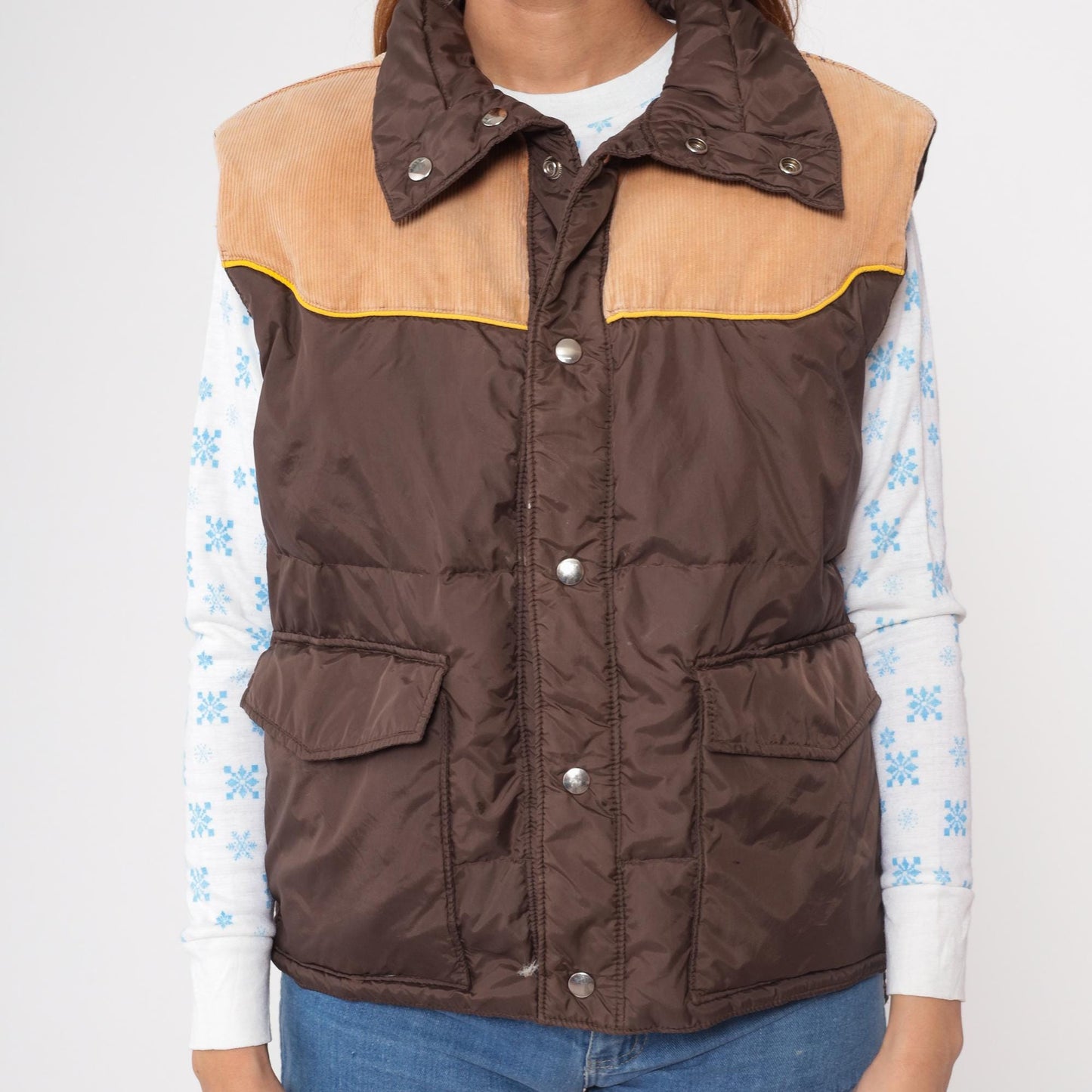 70s Down Hill Western Puffer Vest Brown Corduroy Nylon Snap Front Medium