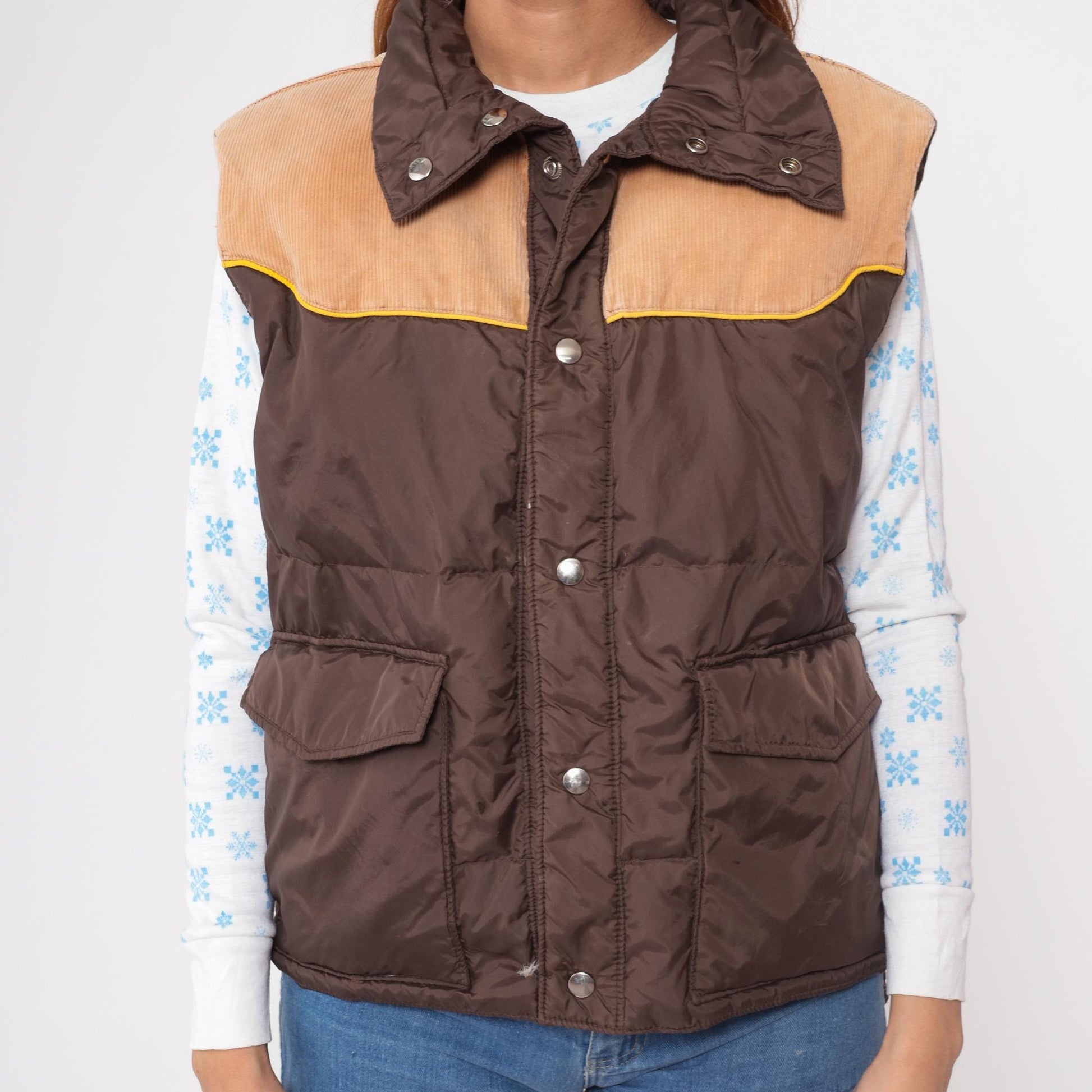 70s Down Hill Western Puffer Vest Brown Corduroy Nylon Snap Front Medium