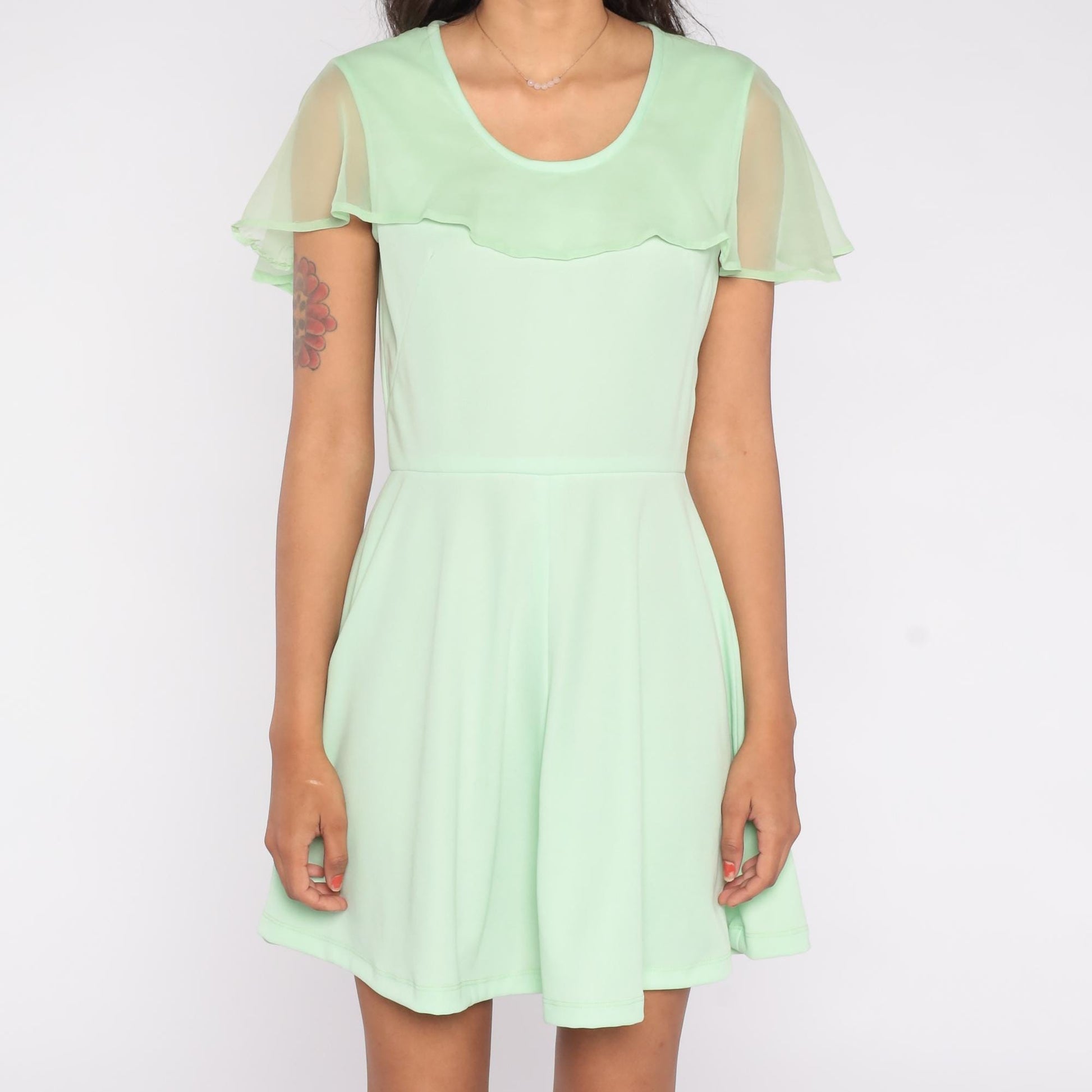 70s Mint Green Babydoll Mini Dress Flutter Sleeve Chiffon Medium