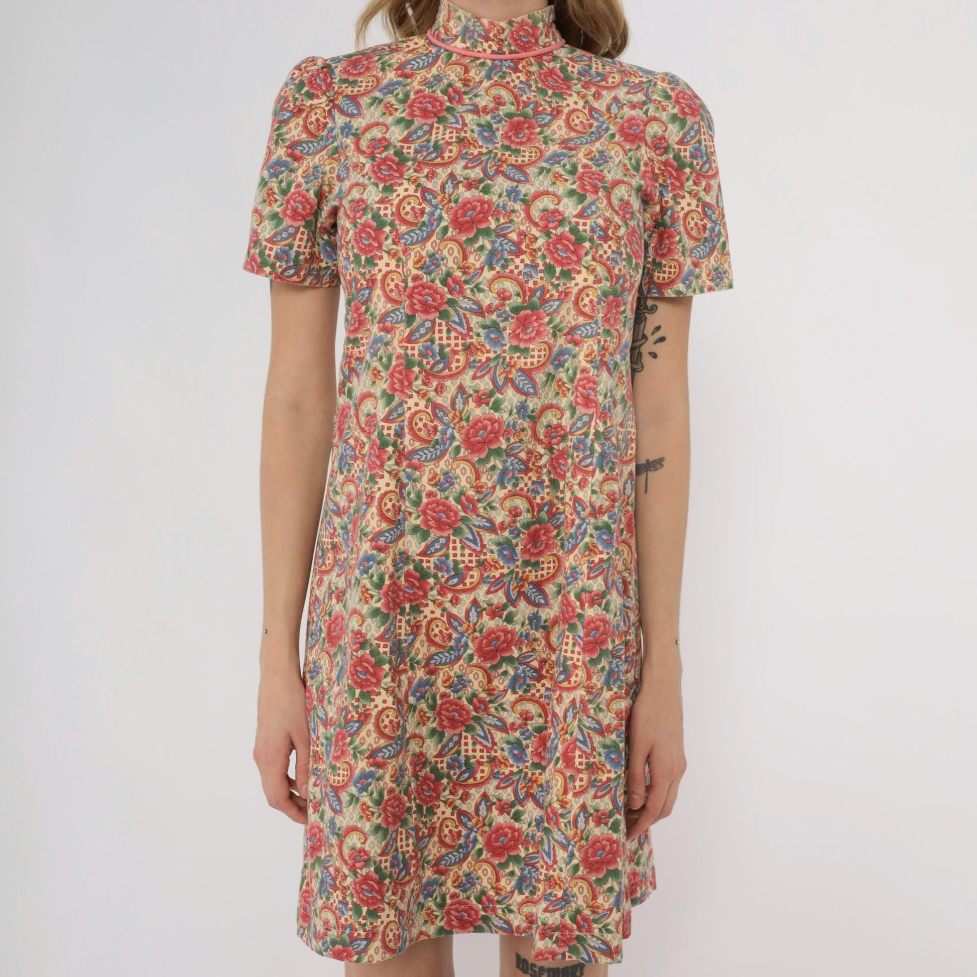 70s Floral Paisley Print Mock Neck Midi Dress A-Line Cotton Extra Small XS