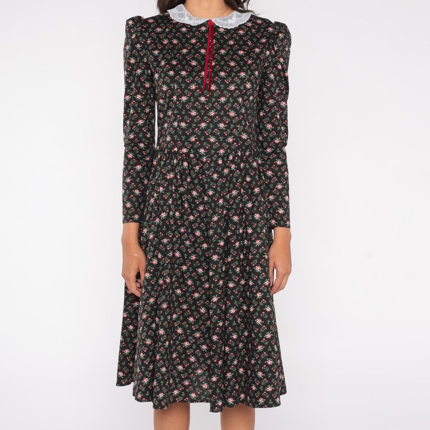 70s Floral Prairie Dress Rose Print Black Lace Collar Midi Medium M