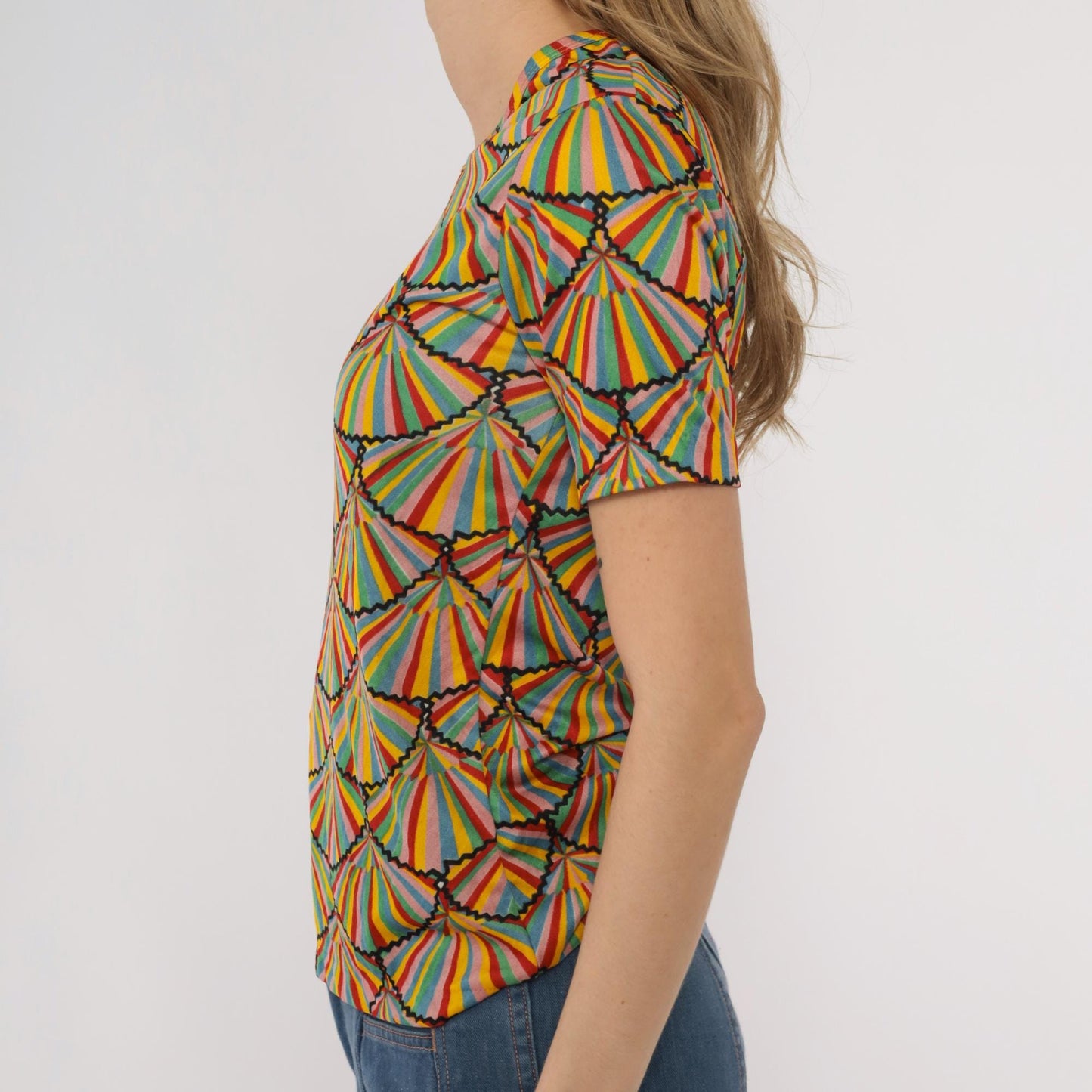 70s Helen Sue Rainbow Geometric Fan Print Nylon Tee Crew Neck Medium