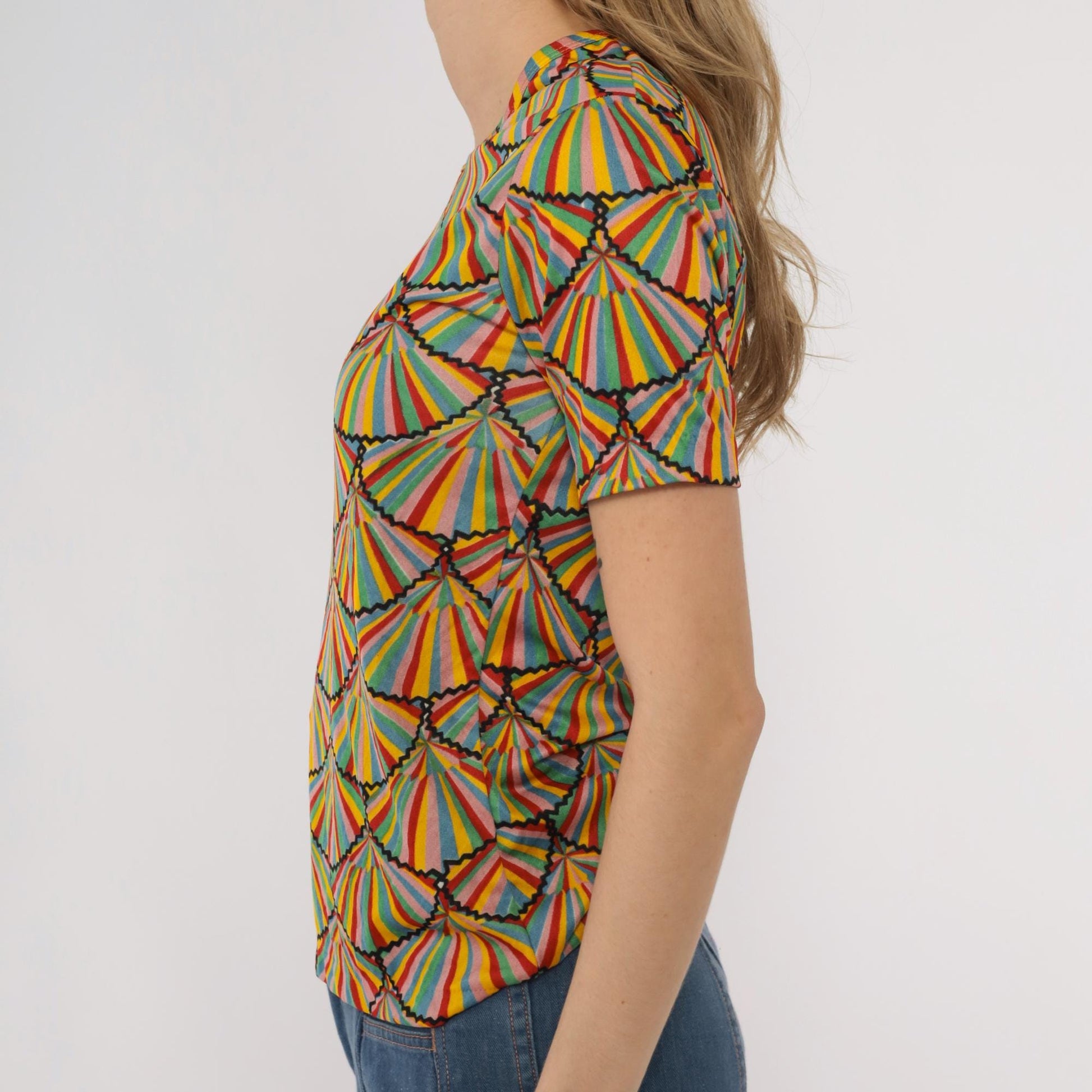 70s Helen Sue Rainbow Geometric Fan Print Nylon Tee Crew Neck Medium