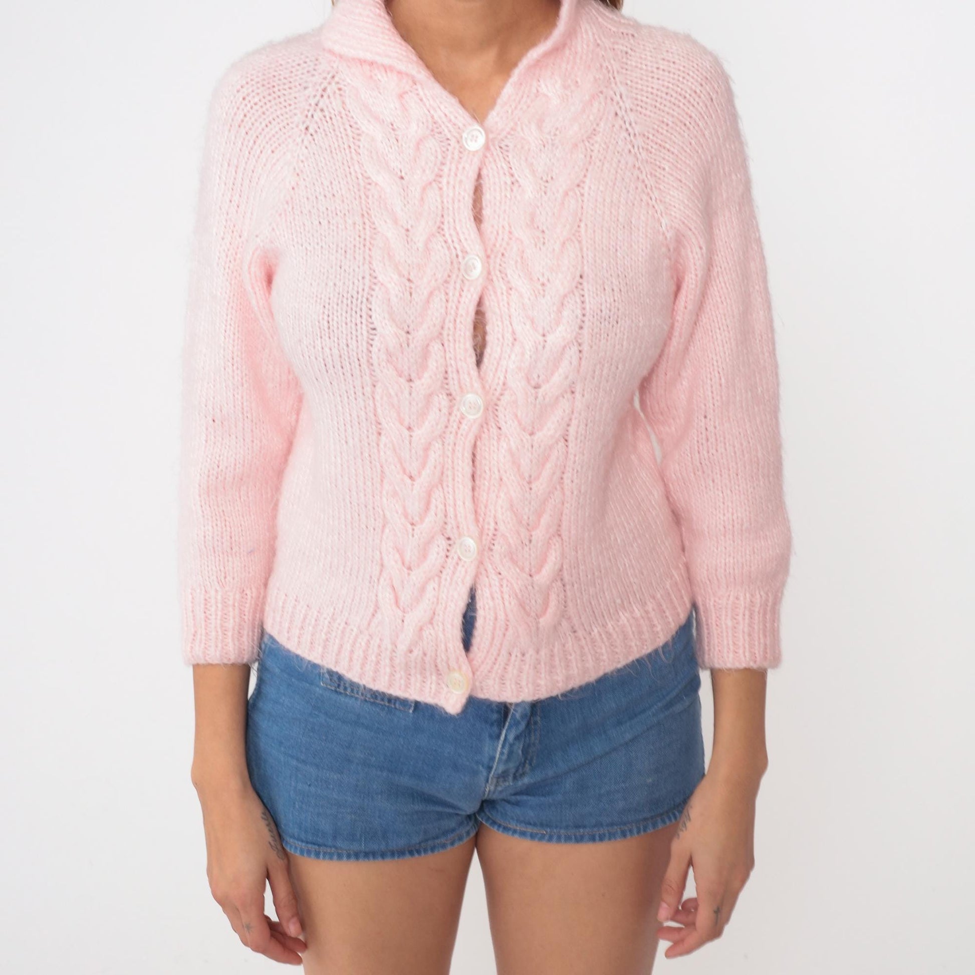 80s Pink Cable Knit Cardigan Cropped Three-Quarter Sleeve Small