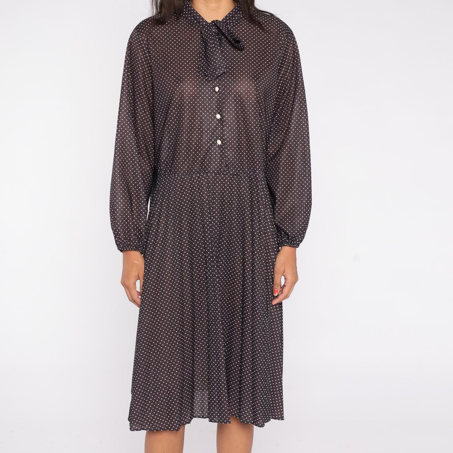 70s Brown Polka Dot Midi Dress Pussy Bow Neckline Button Front Pleated Extra Large