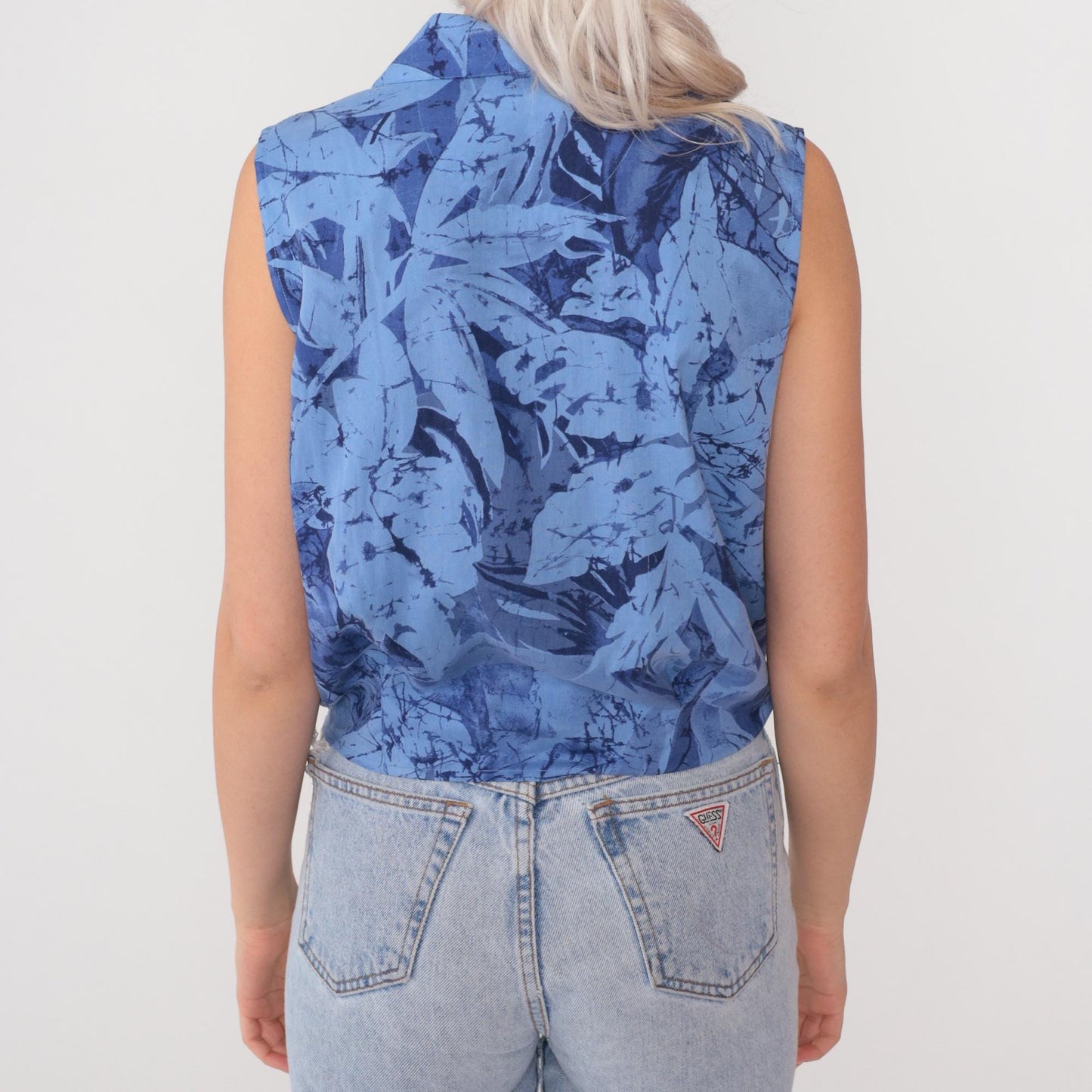 Y2K Blue Silk Crop Top Tropical Leaf Print Tie Front Collared Blouse Medium M
