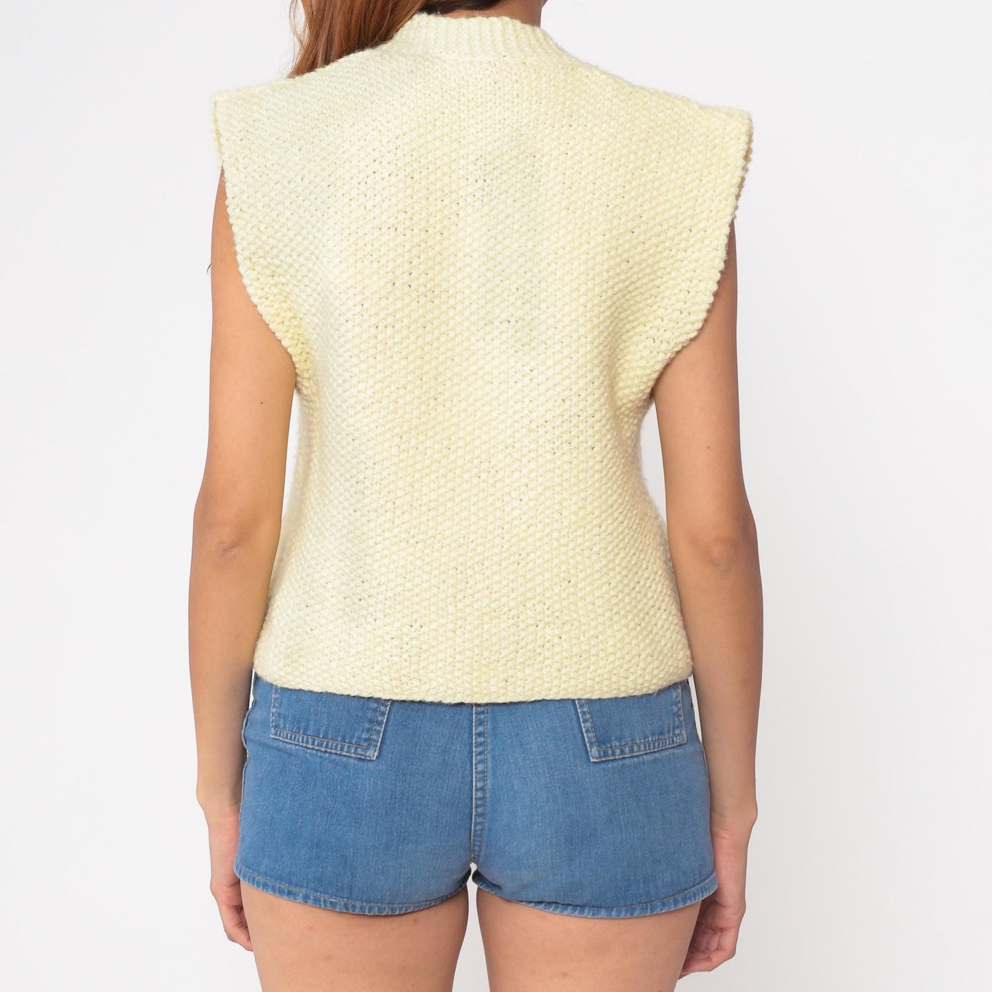 80s Yellow Sweater Vest Button-Up Deep V-Neck Sleeveless Knit Small