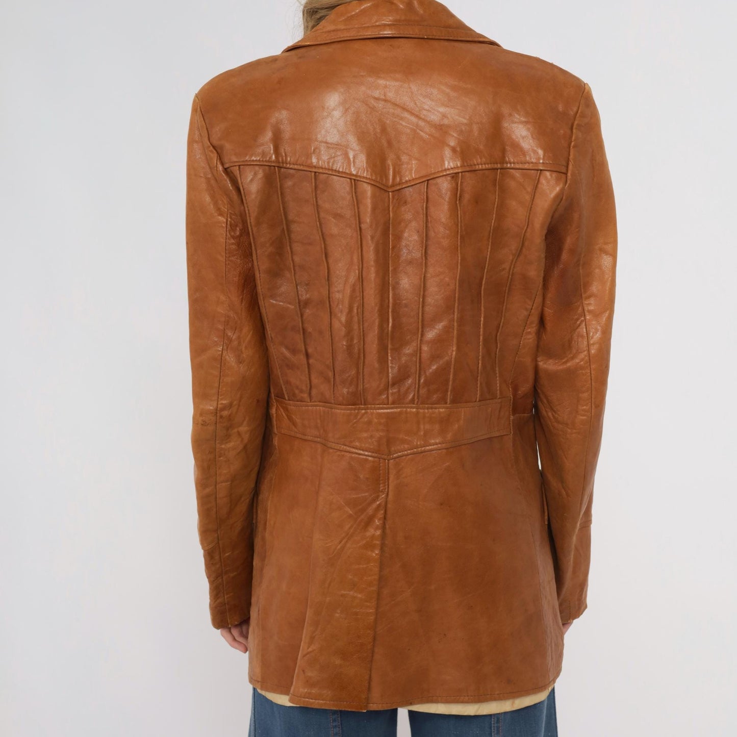70s Roberts Fine Leather Brown Blazer Button Front Distressed Medium