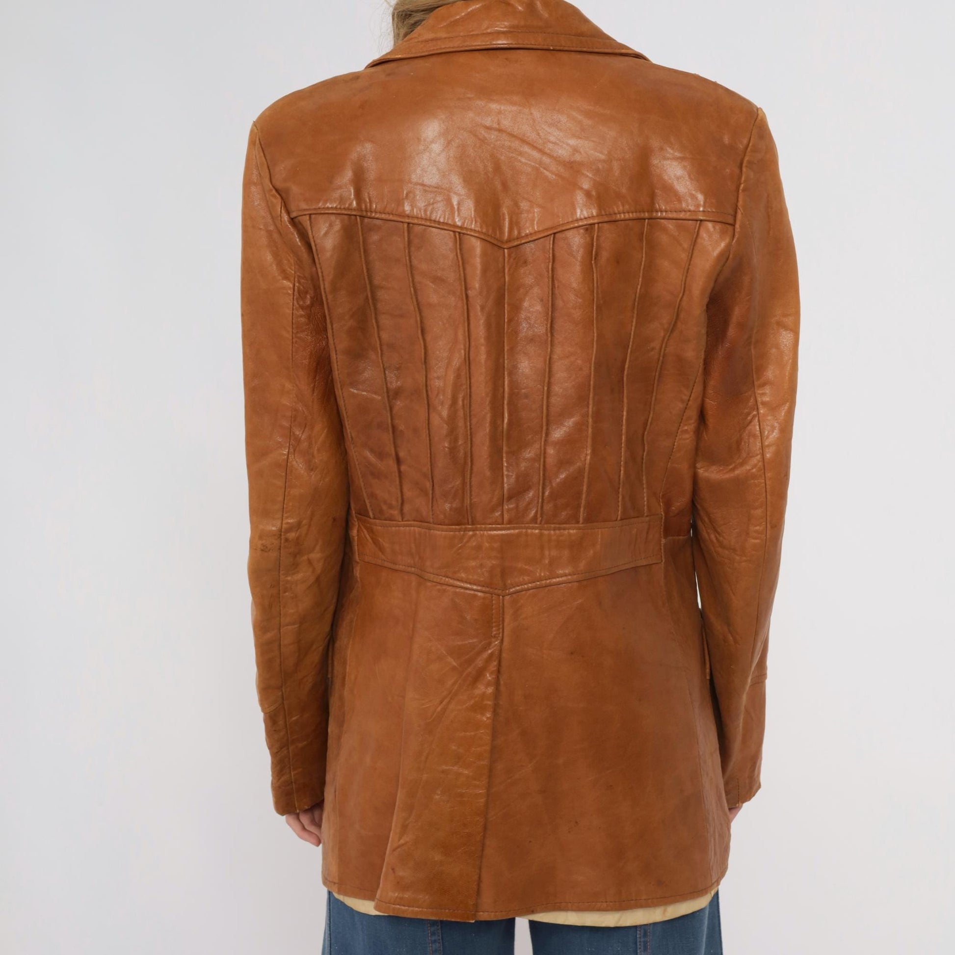 70s Roberts Fine Leather Brown Blazer Button Front Distressed Medium