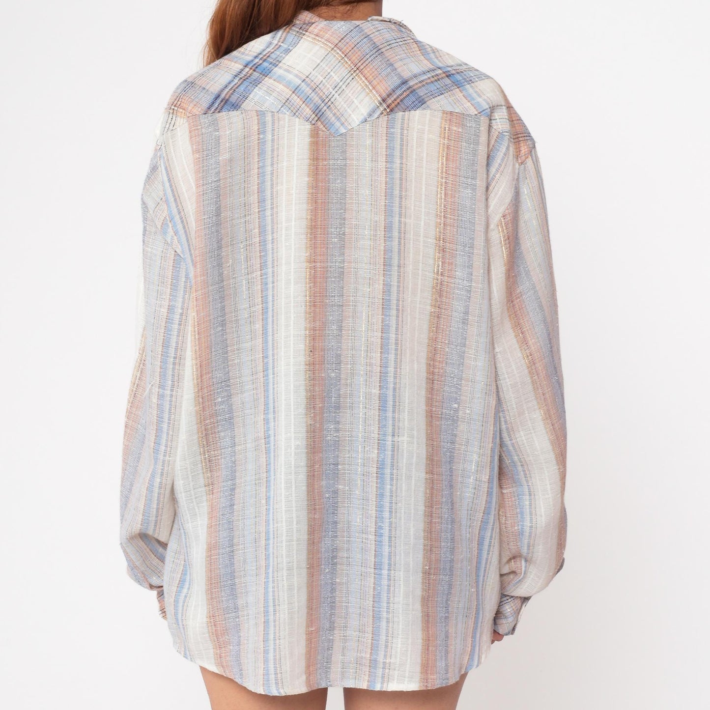 70s Kennington Western Shirt Pearl Snap Plaid Blue Peach Cotton Extra Large XL