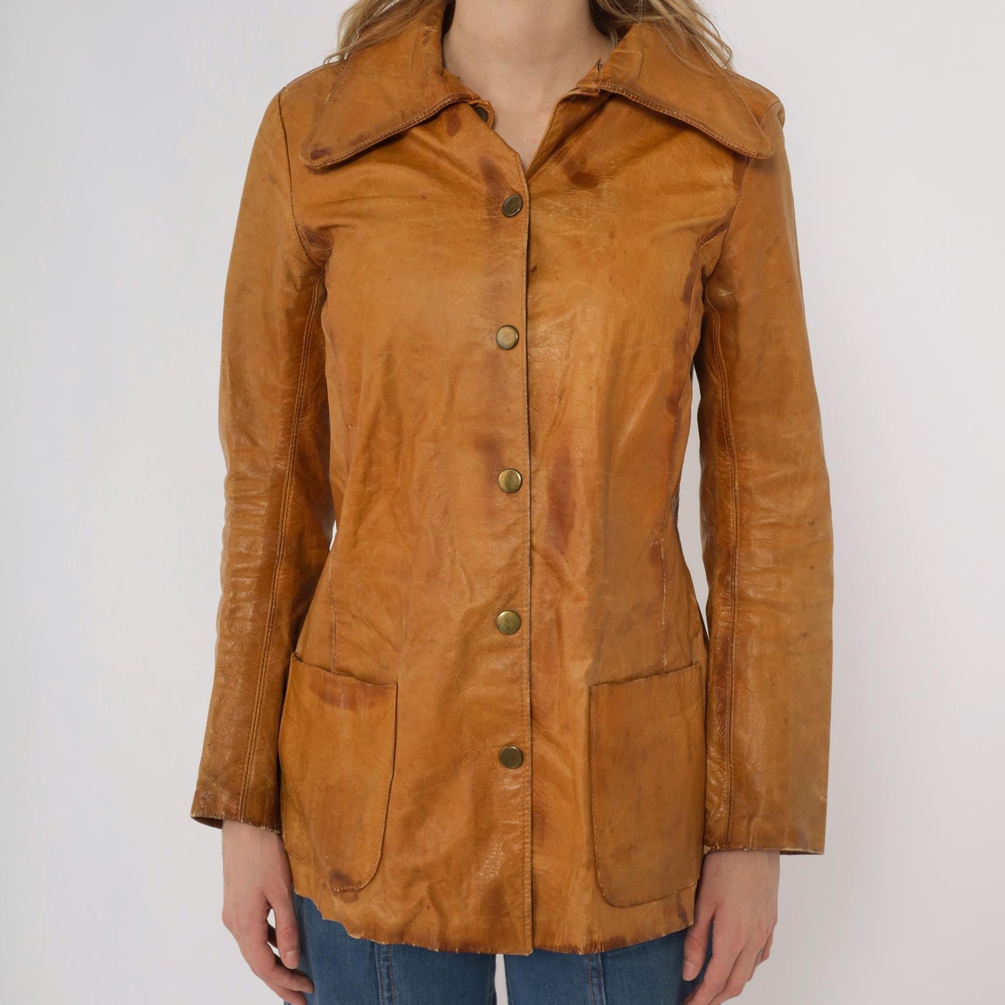 70s Tan Leather Jacket Button Front Pointed Collar Distressed XS