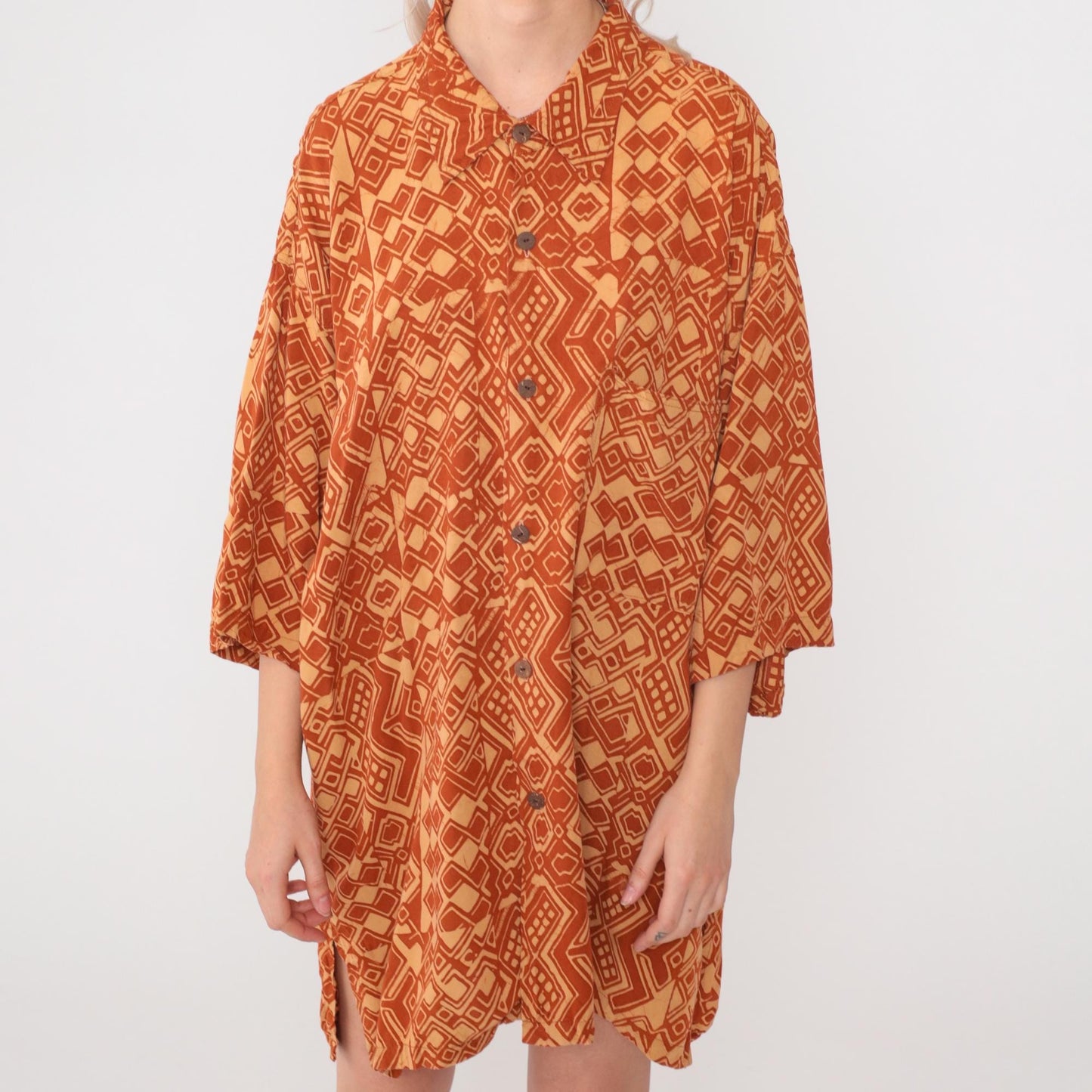 90s Noa Noa Hawaiian Shirt Dress Orange Rayon Tapa Print Midi XL