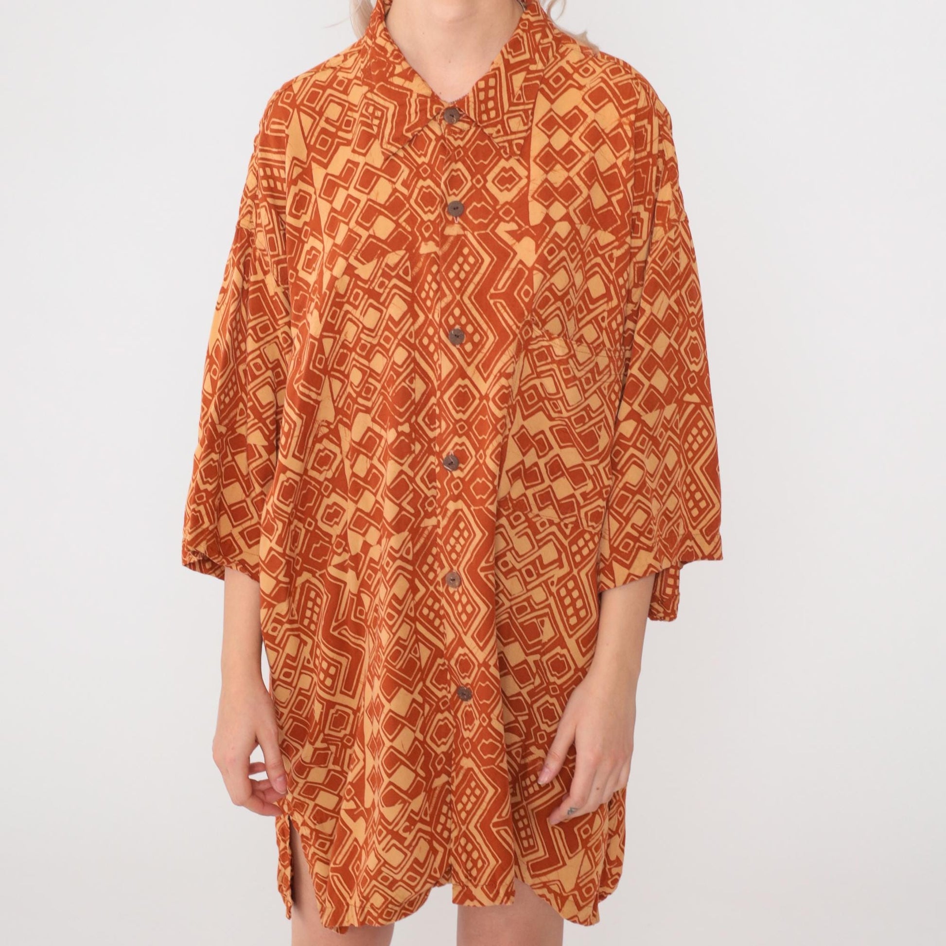 90s Noa Noa Hawaiian Shirt Dress Orange Rayon Tapa Print Midi XL