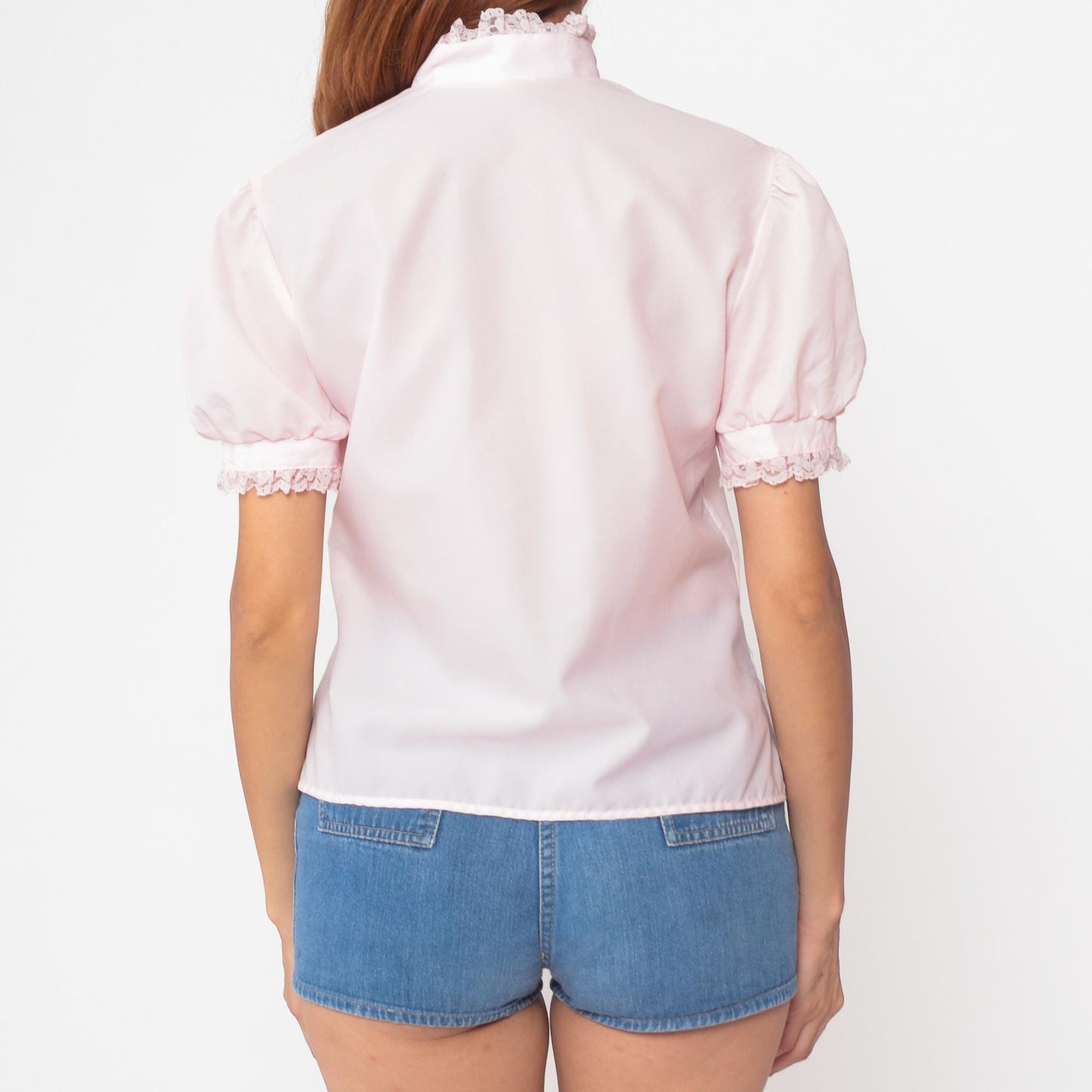 80s Pink Ruffle Lace Blouse Puff Sleeve Button Up Small