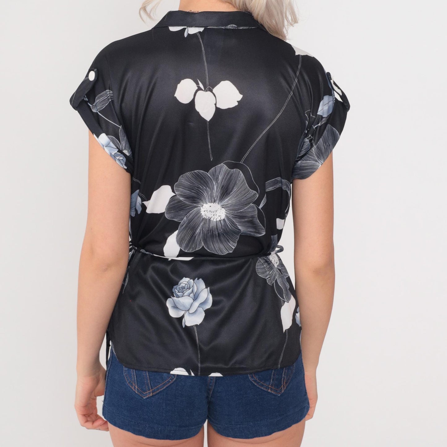 80s Black Floral Satin Blouse V-Neck Tie Waist Button Down Medium