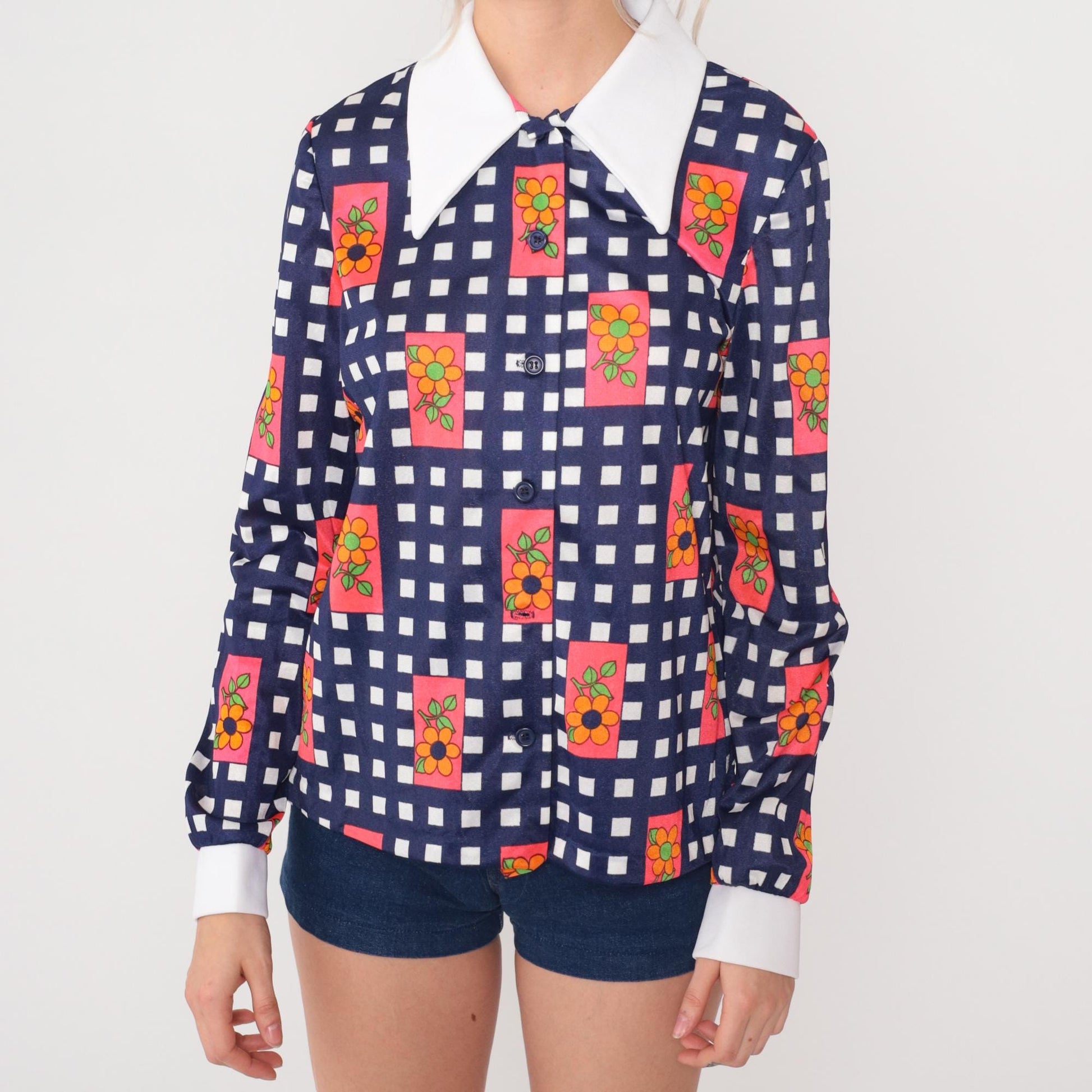 70s Navy Gingham Daisy Print Button-Down Blouse White Collar Small S
