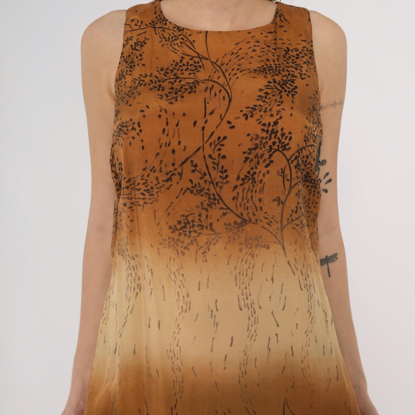 90s Karin Stevens Ombre Maxi Dress Brown Tan Botanical Sleeveless Medium M