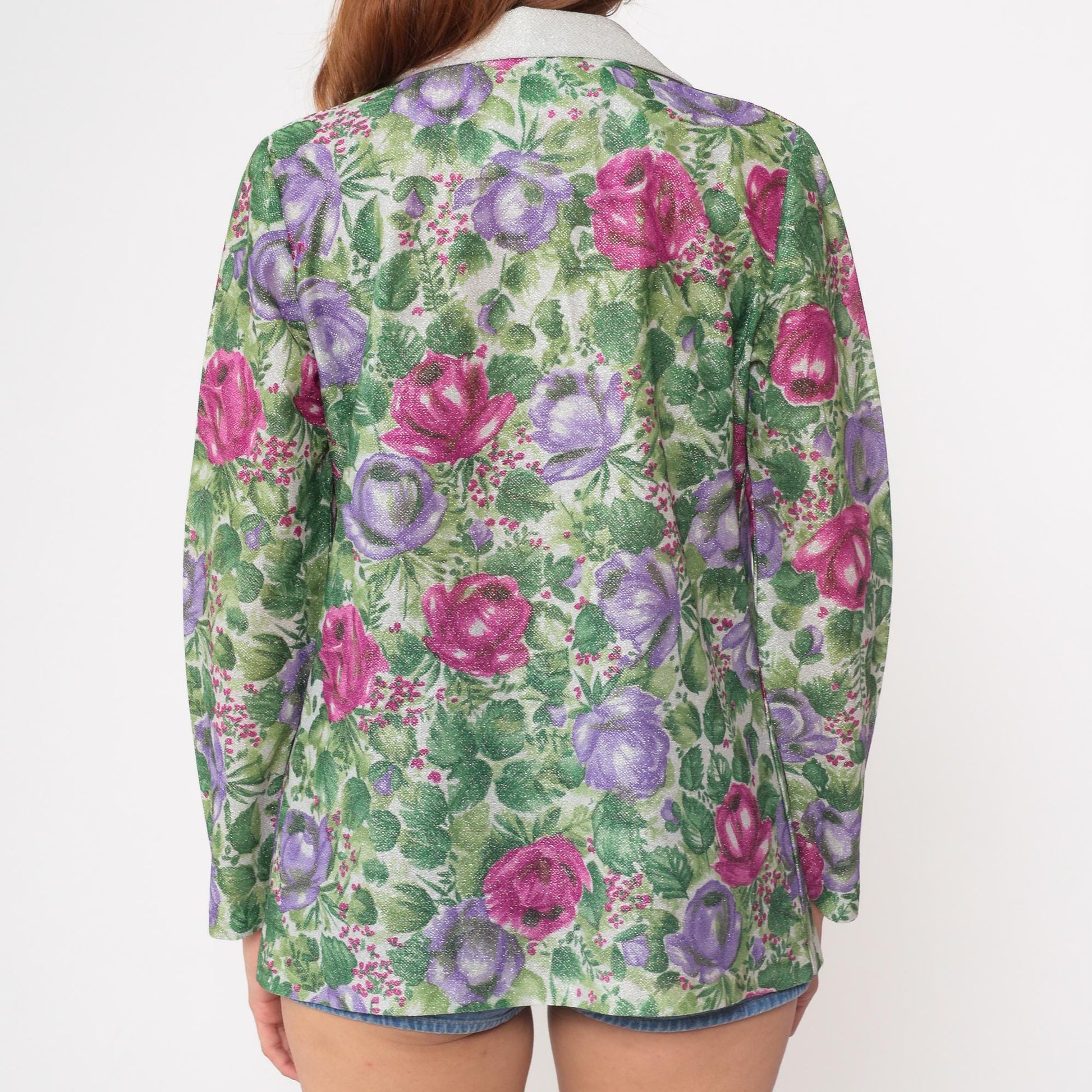 70s Floral Blazer Pink Purple Rose Print Light Green White Collar Small