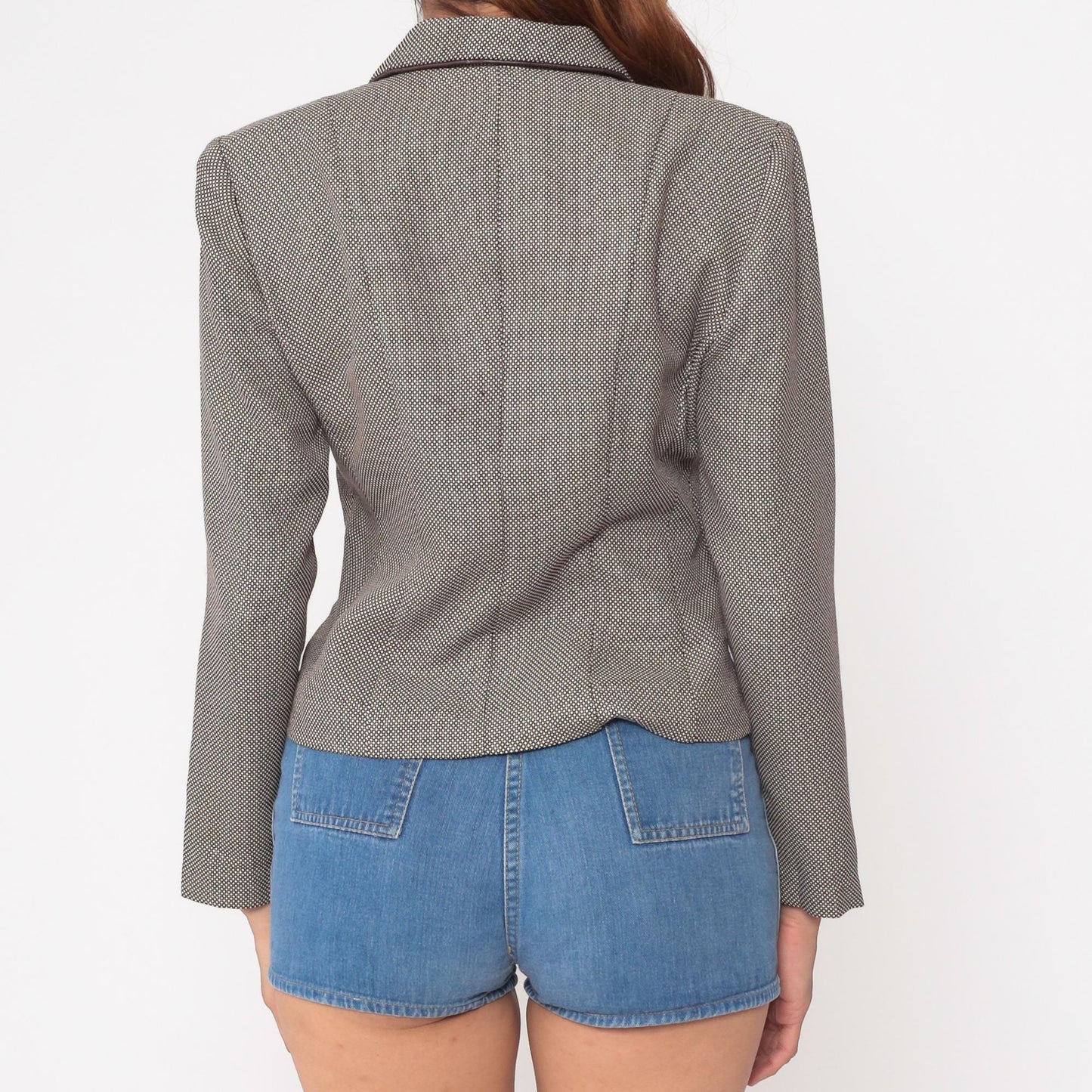 80s Dani Max Petite Cropped Blazer Taupe Brown Micro Check Small S