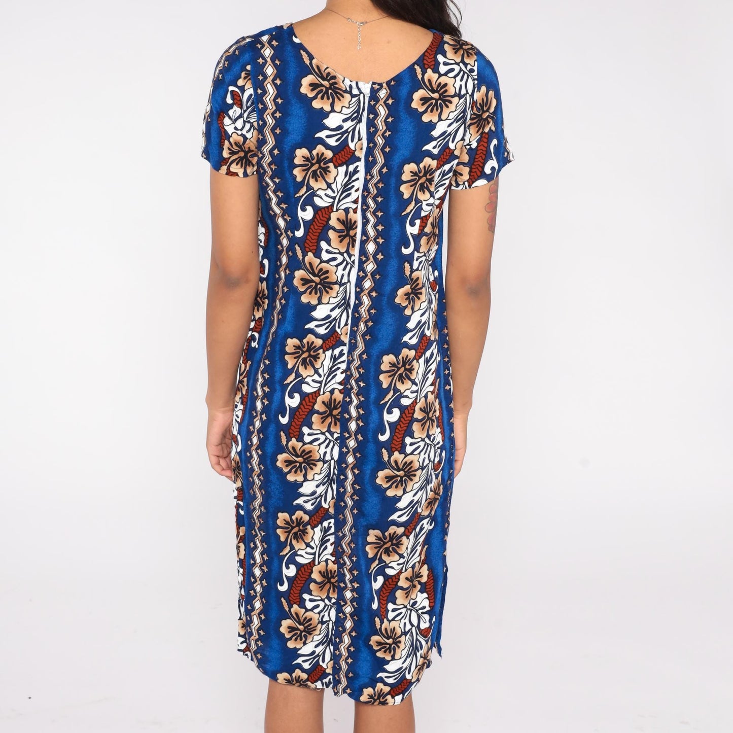 90s Blue Hawaiian Midi Dress Hibiscus Floral Stripe Rayon Small