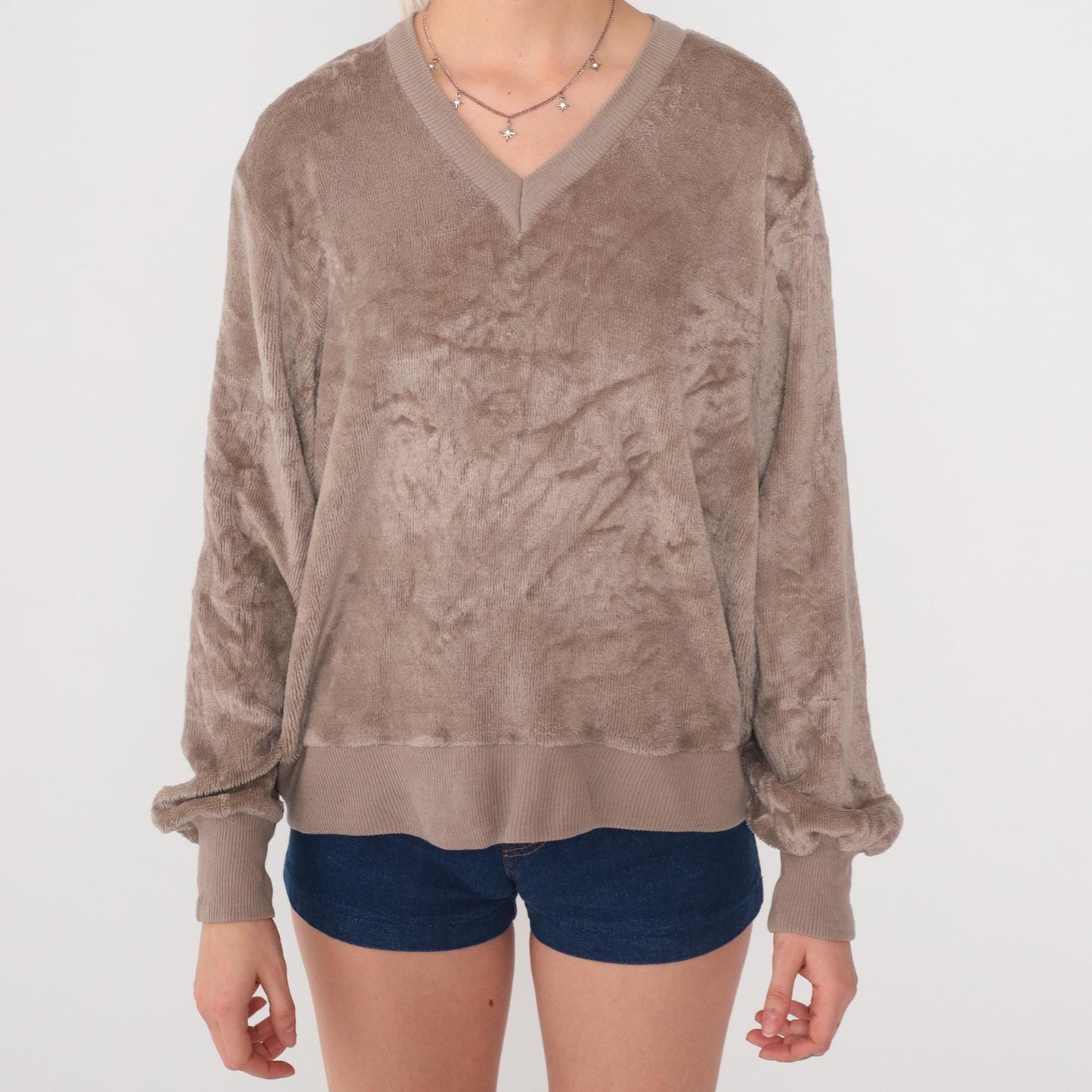 80s Taupe Terry Cloth V-Neck Sweatshirt Slouchy Drop Shoulder Medium