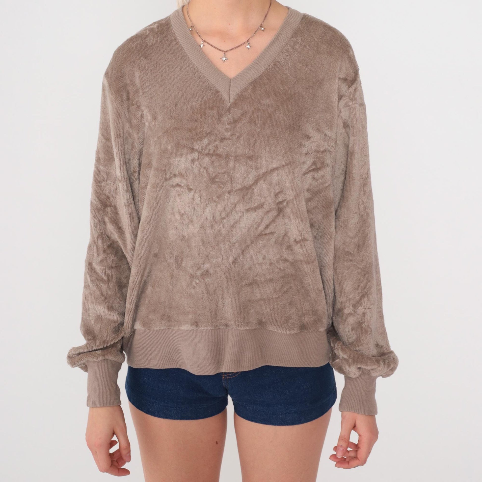 80s Taupe Terry Cloth V-Neck Sweatshirt Slouchy Drop Shoulder Medium