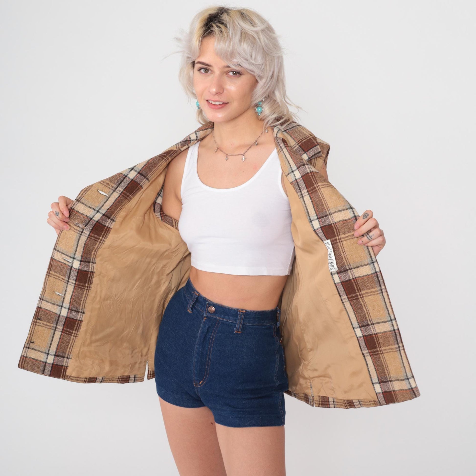 70s Plaid Wool Vest Tan Brown Double-Breasted Lapel Tailored Large L