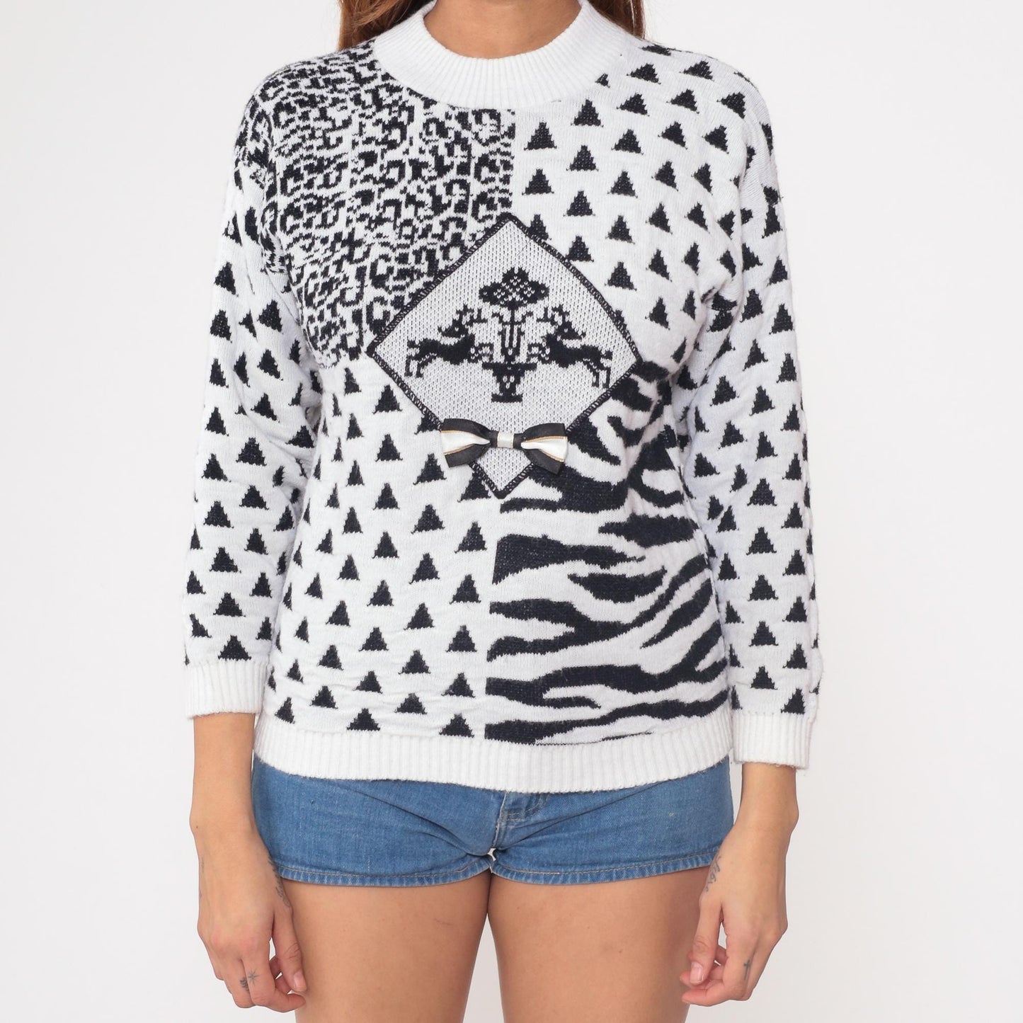90s Animal Print Knit Sweater White Black Leopard Zebra Pullover Small S