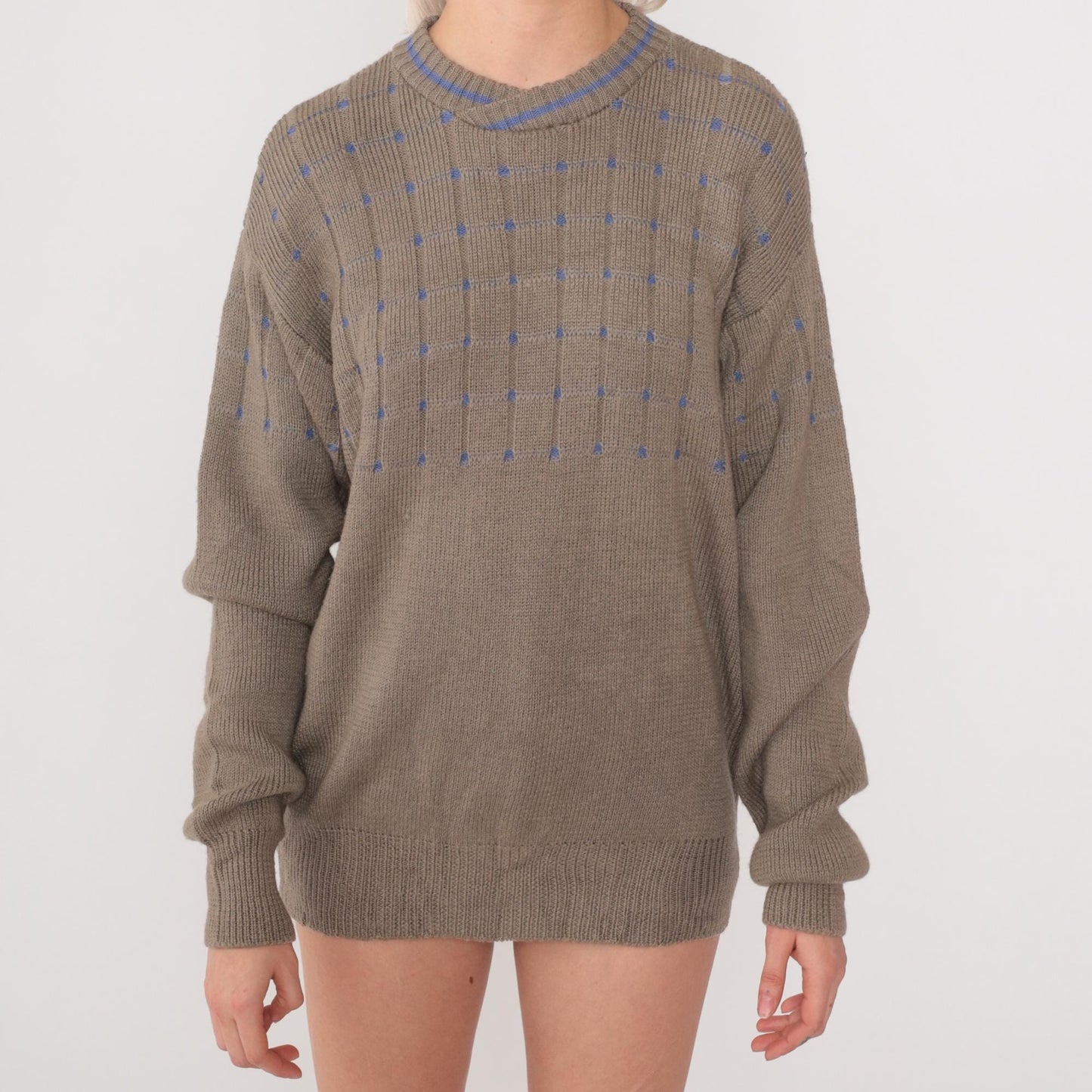 80s Gianfranco Ruffini Wool Sweater Taupe Grid Crewneck Drop Shoulder Large L