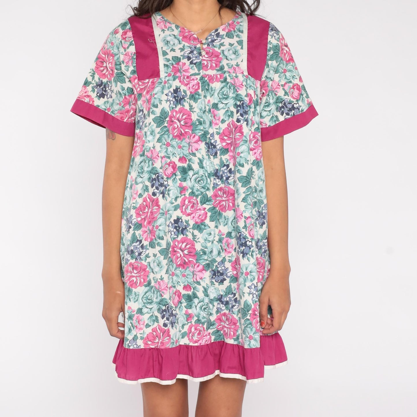 80s Floral Mini Dress Pink Rose Navy Flowers Fuchsia Trim Keyhole Medium