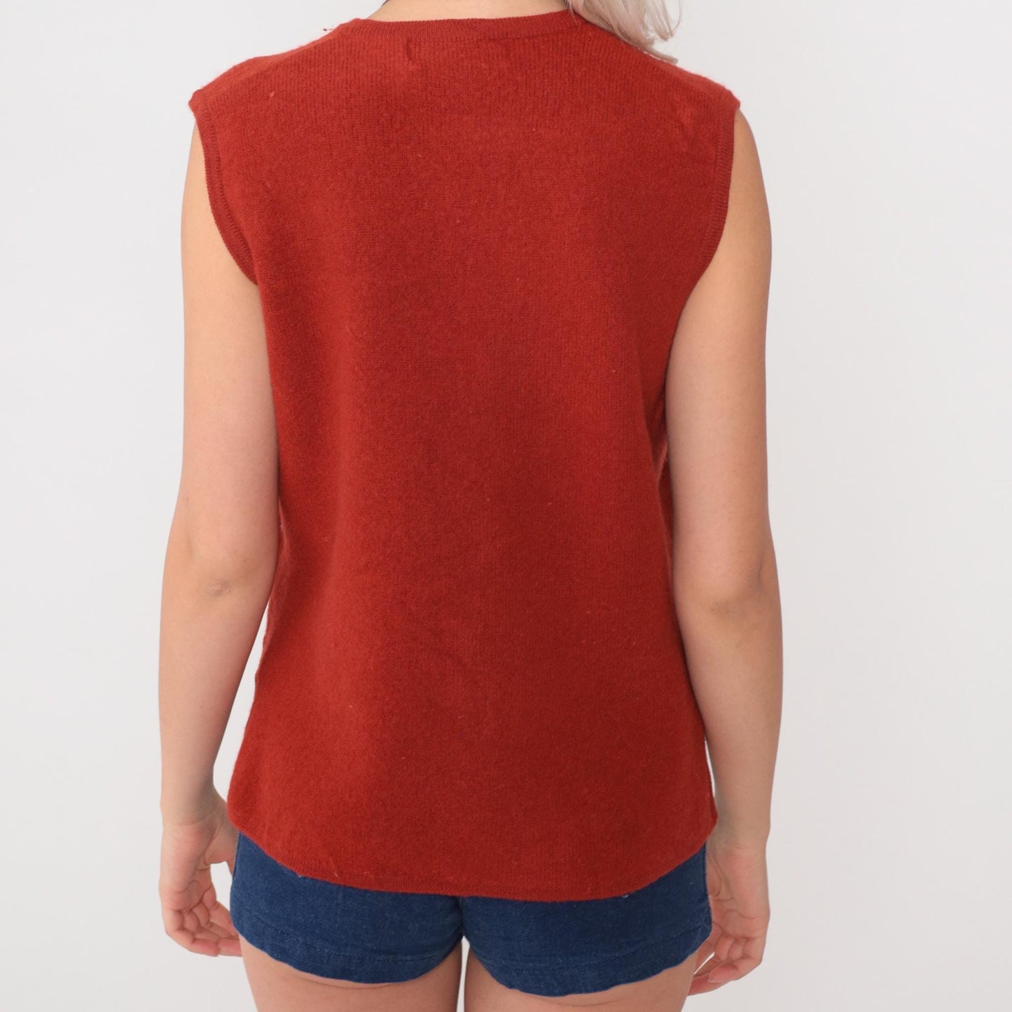 70s Wool Sweater Vest Orange Button Front V-Neck Knit Medium M