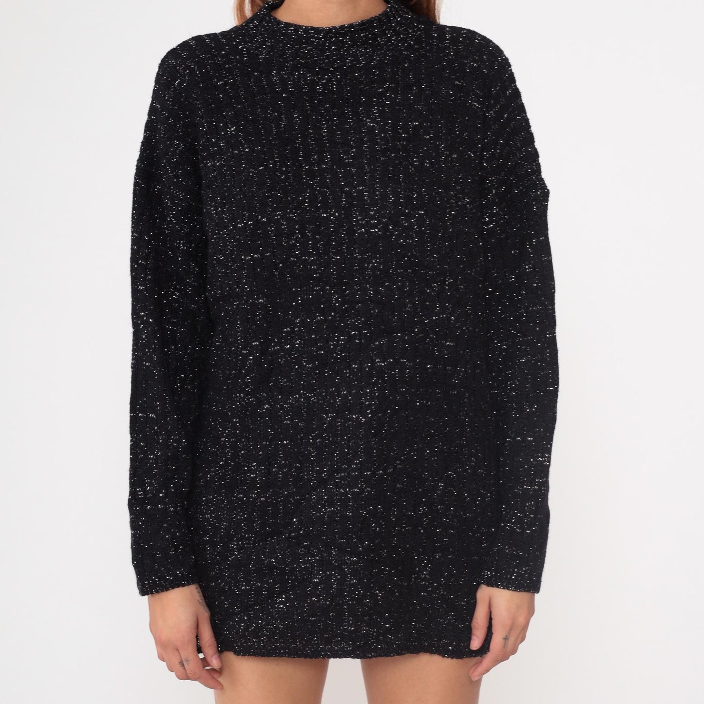 80s American Pride Black Lurex Knit Sweater Metallic Silver Tunic Large L