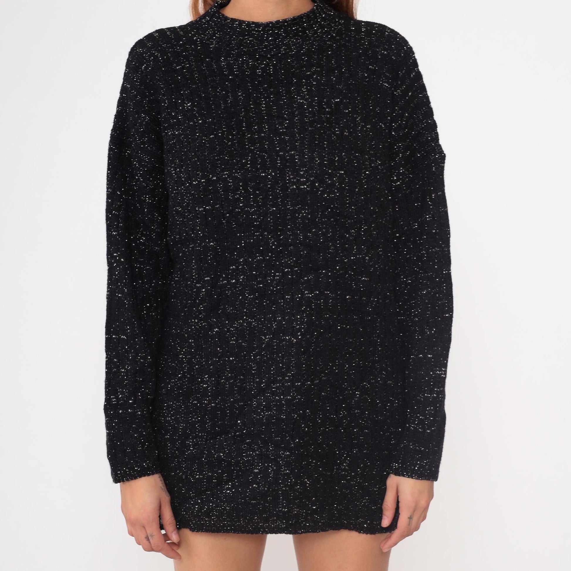 80s American Pride Black Lurex Knit Sweater Metallic Silver Tunic Large L