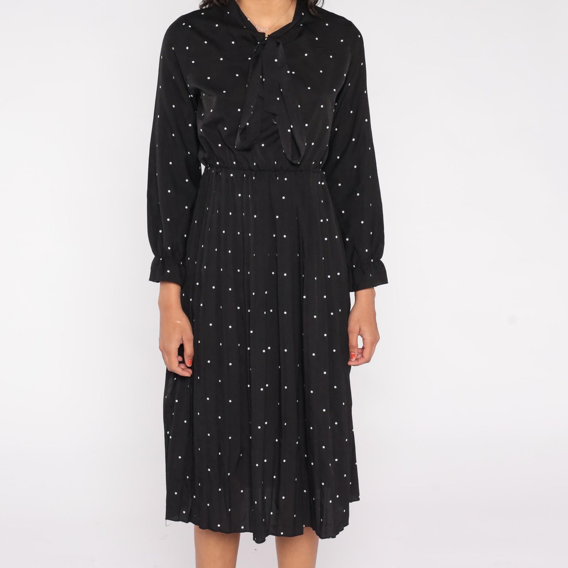 Y2K Black Polka Dot Midi Dress White Dots Pussy Bow Long Sleeve Medium
