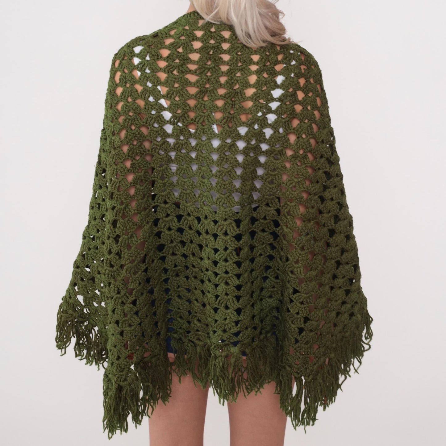 70s Olive Green Crochet Poncho Shawl Fringe Cape One Size