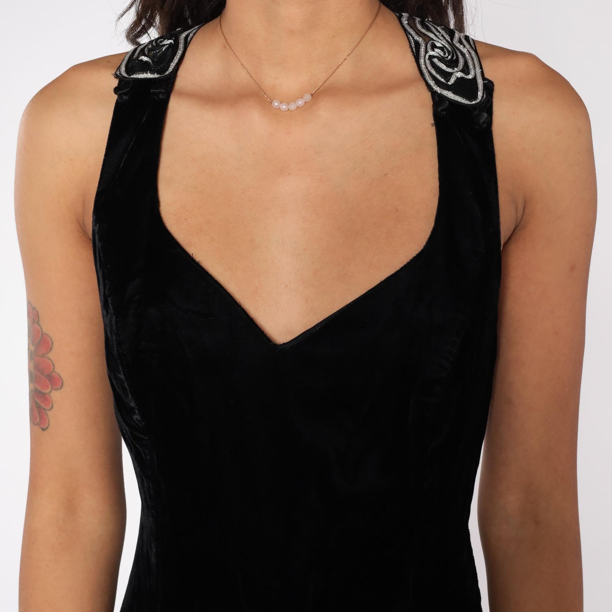 90s Roberta Black Velvet Maxi Gown Silver Embroidered Cross-Back Medium