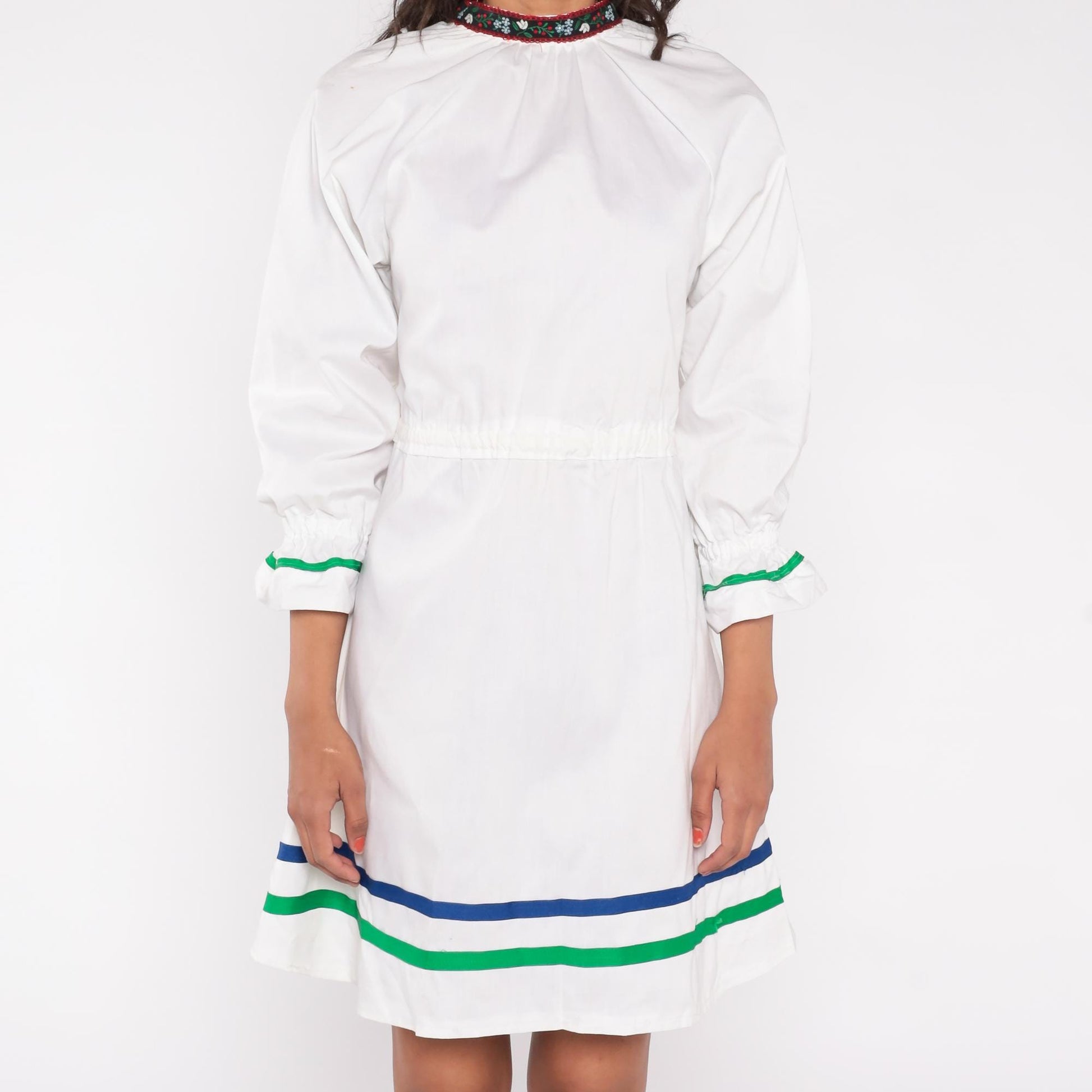 60s White Floral Trim Long Sleeve Fit Flare Mini Dress Green Blue Ribbon Medium Large