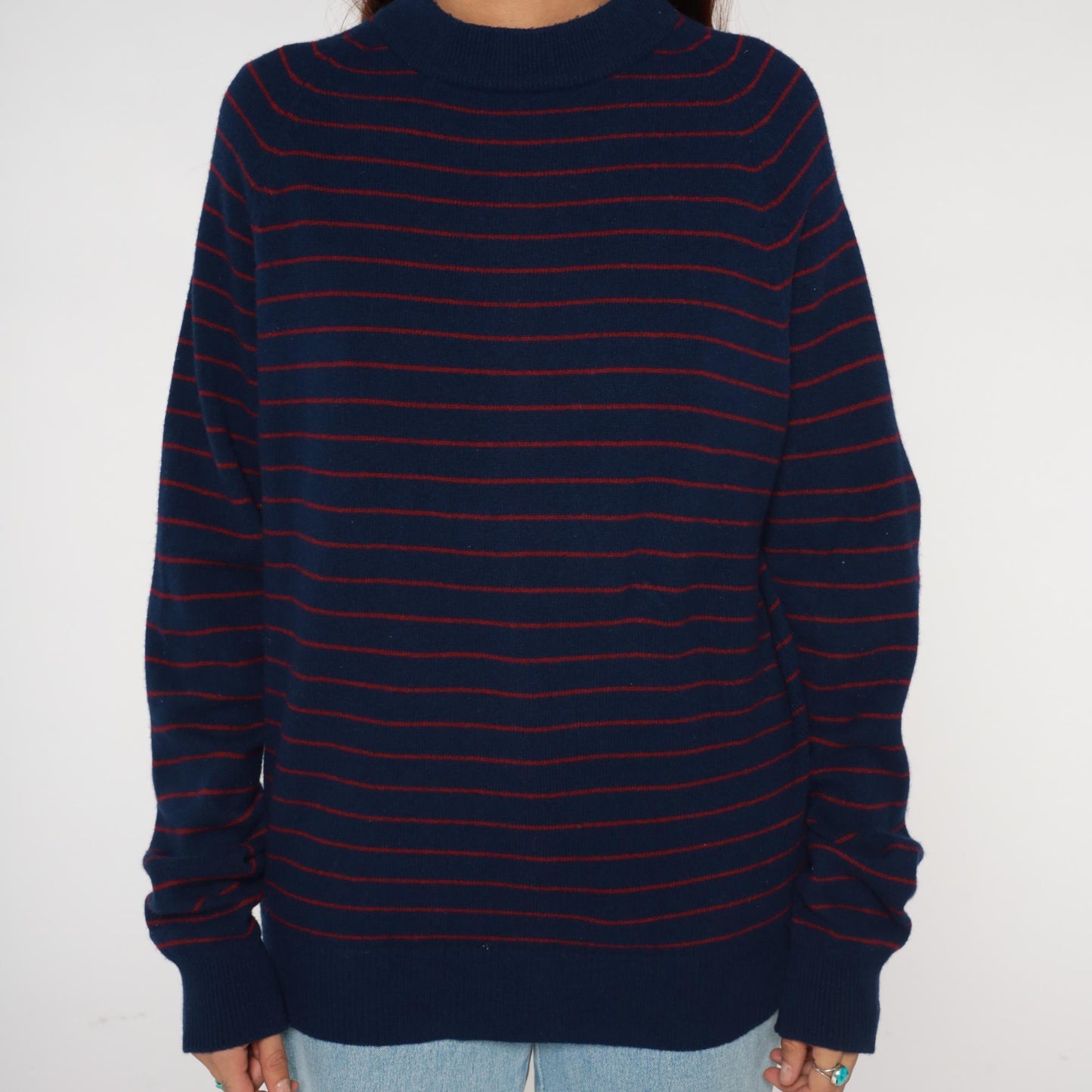 80s Vaughn Lambswool Nautical Sweater Navy Striped Mock Neck Medium