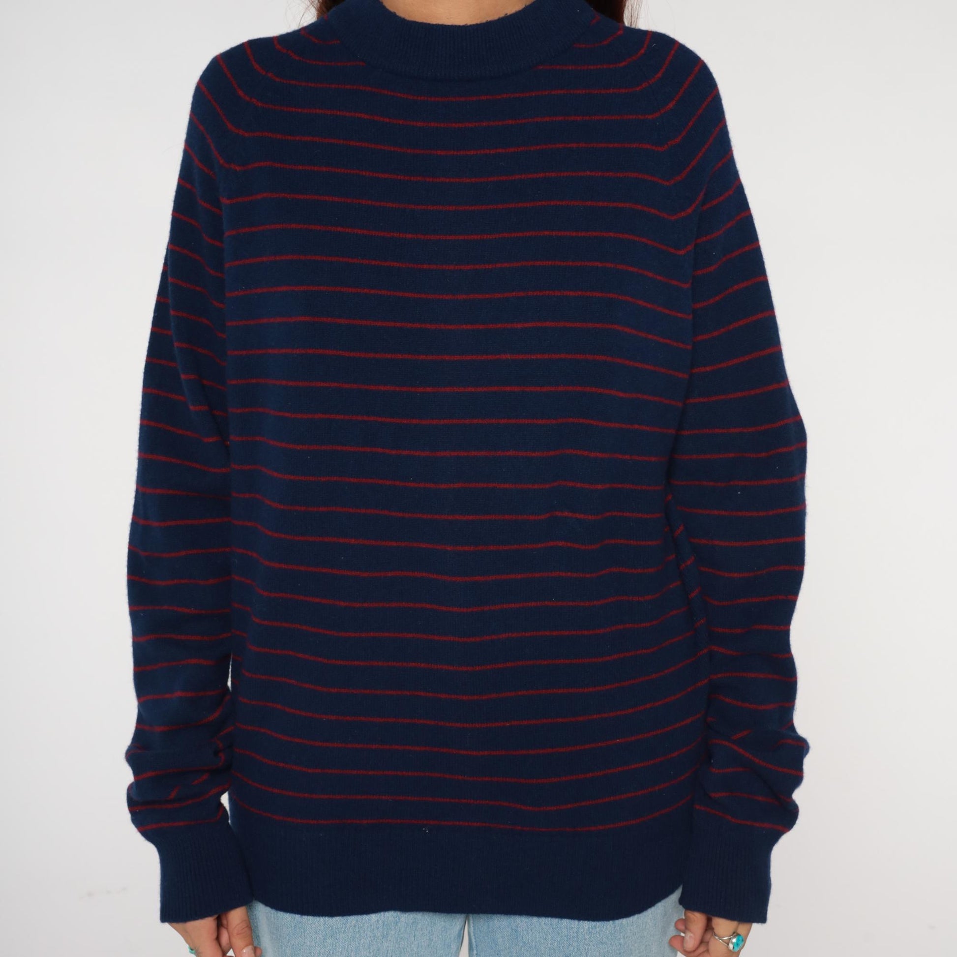 80s Vaughn Lambswool Nautical Sweater Navy Striped Mock Neck Medium