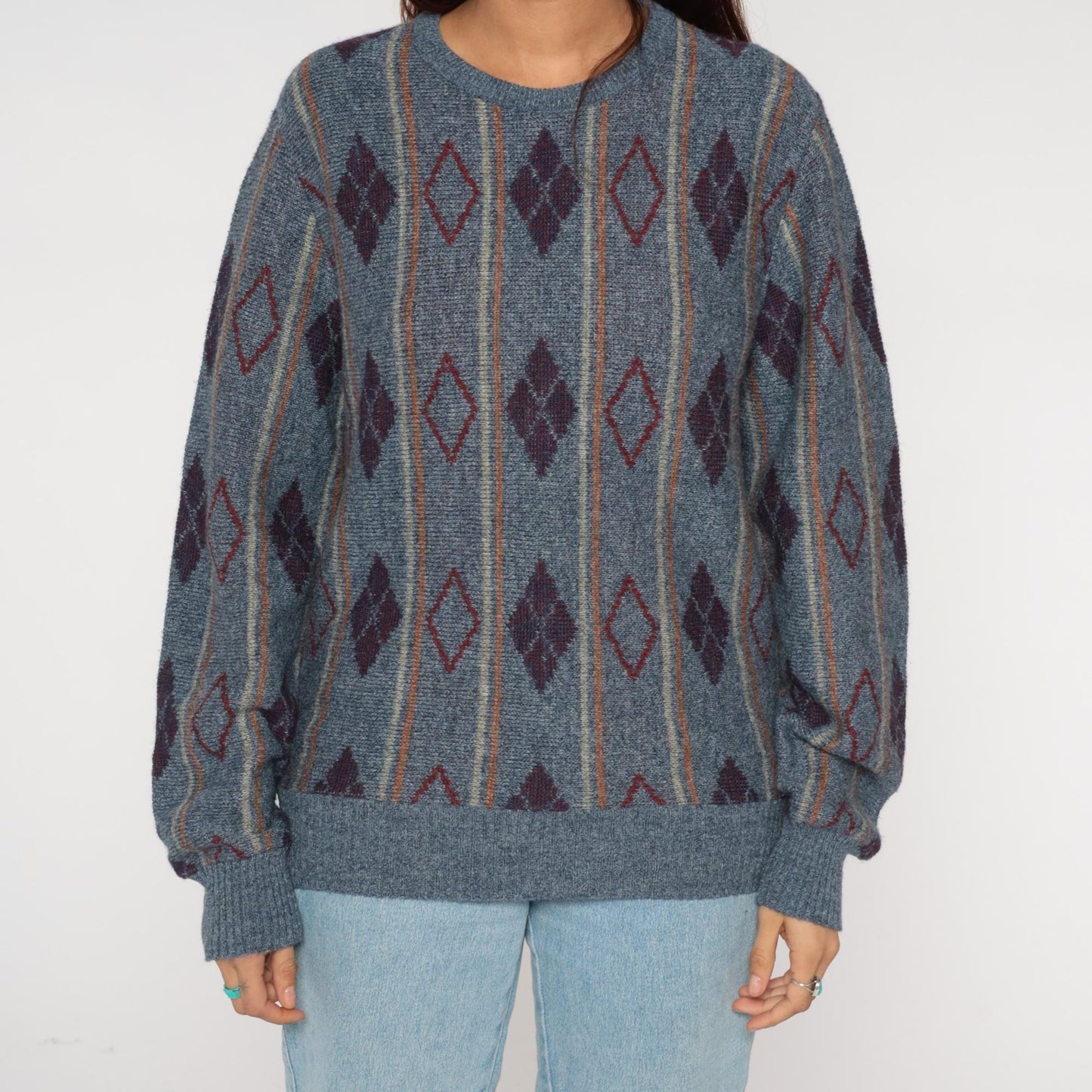 80s Diamond Argyle Wool Mohair Sweater Crewneck Blue Burgundy Medium