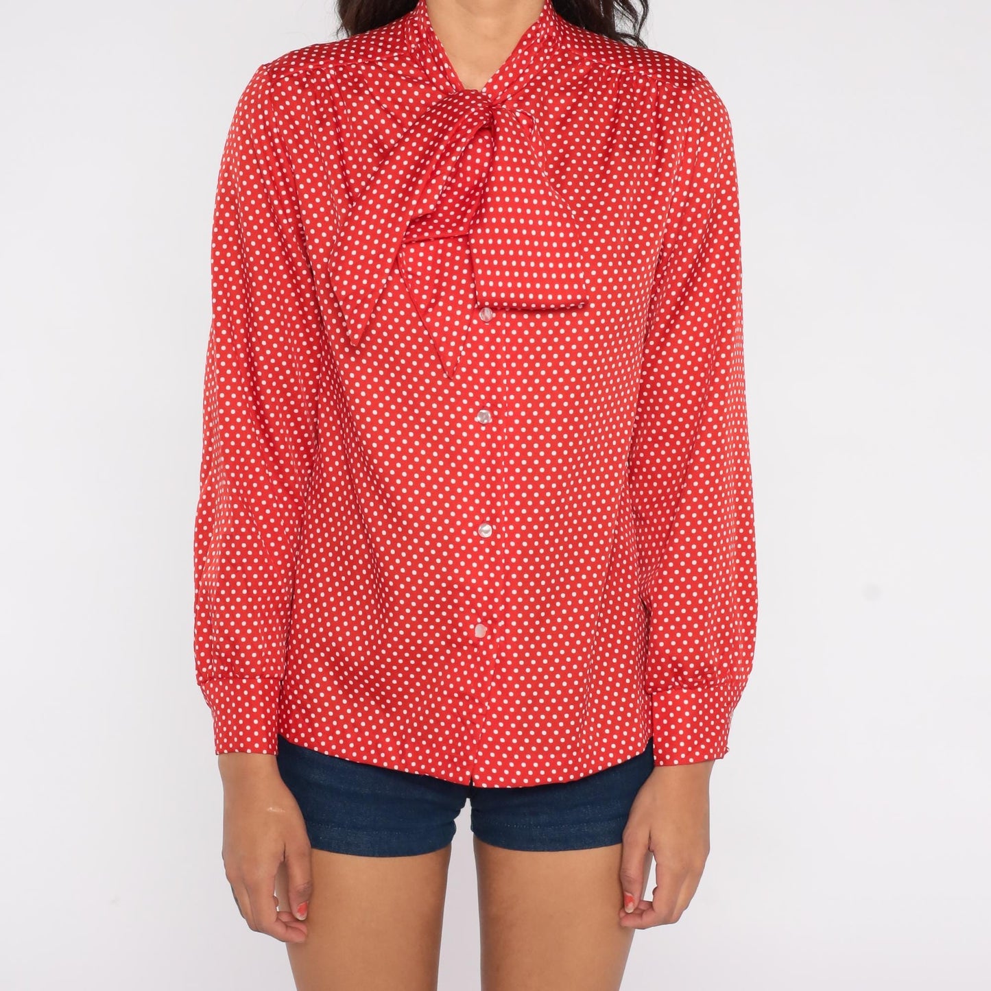 80s Lee Mar of California Red Polka Dot Pussy Bow Blouse Medium