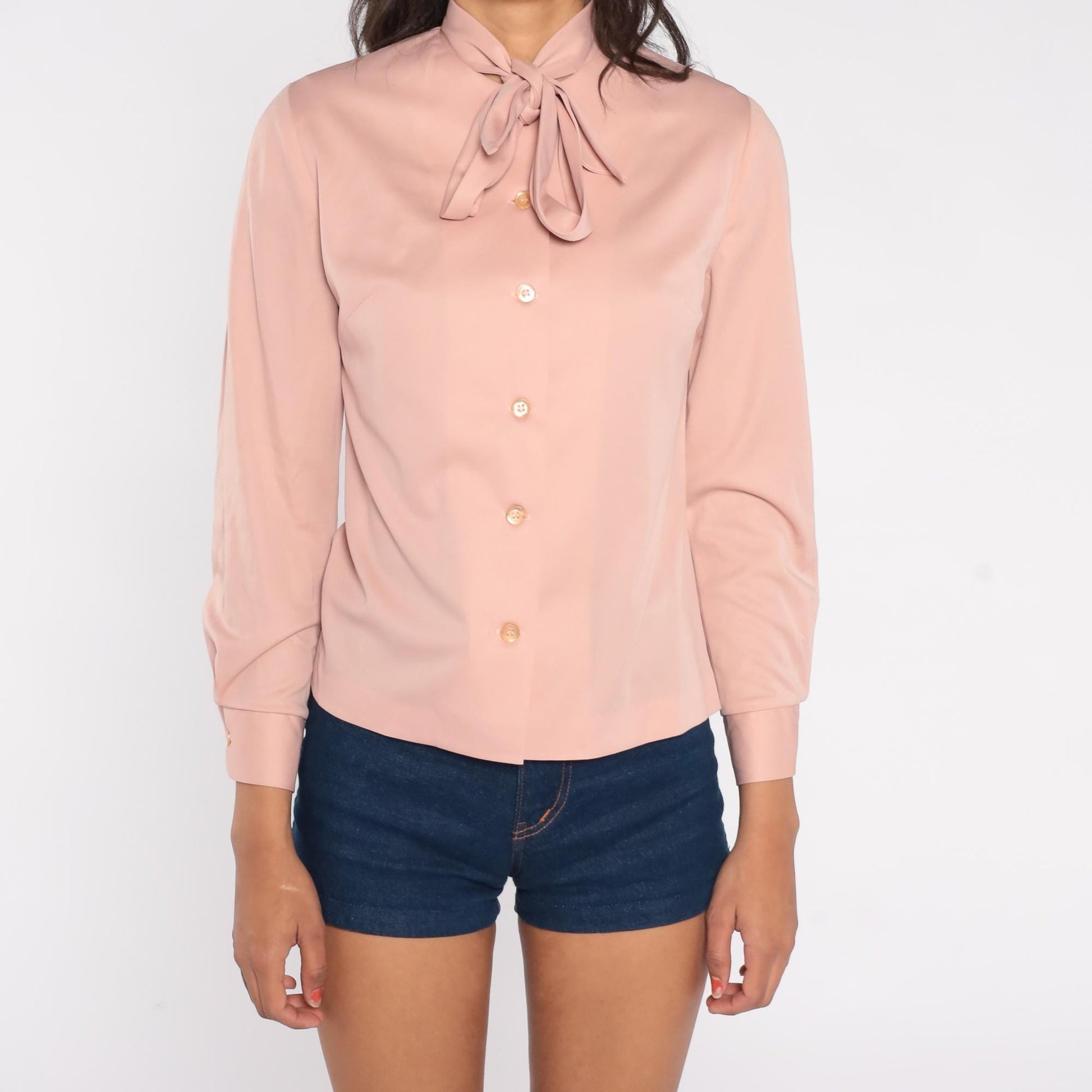 70s Sir Julian Blush Pink Pussy Bow Blouse Long Sleeve Button-Down Small S