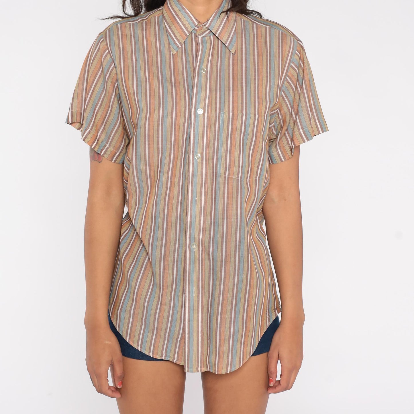 80s Exclusive Multicolor Striped Button-Down Shirt Tan Blue Peach Medium