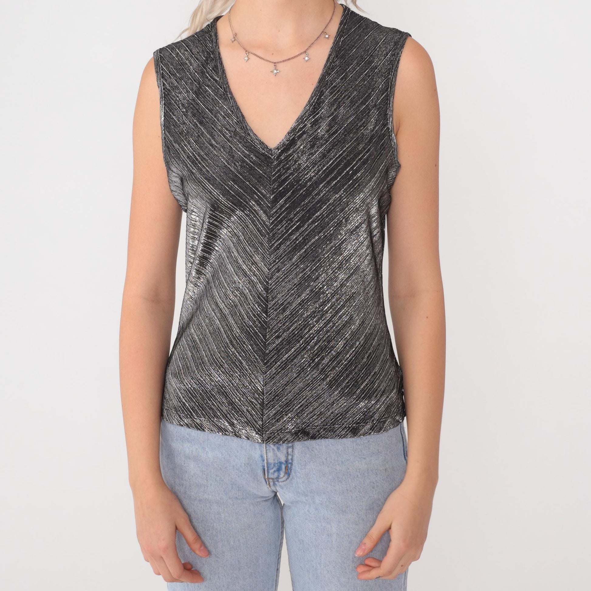 90s David Benjamin Silver Metallic Chevron Tank Top Black V-Neck Small S