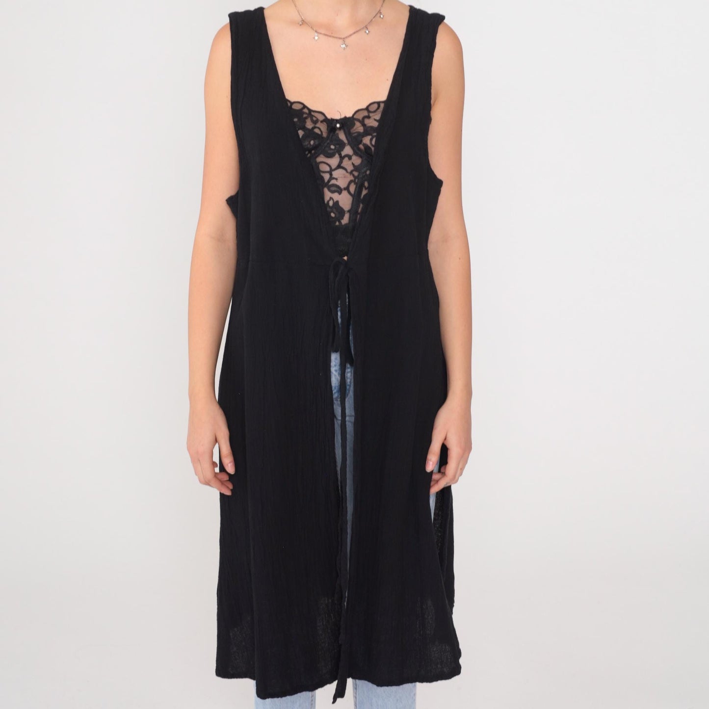 Y2K Black Cotton Vest Dress Tie Front Long Duster Side Slit Large L