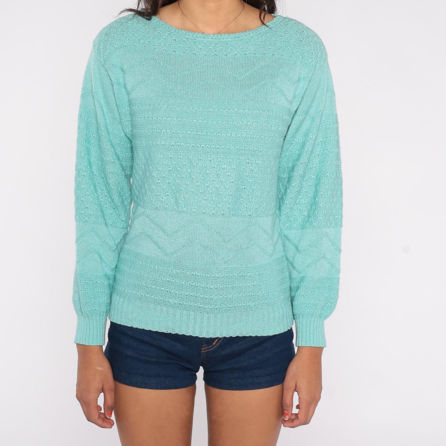 80s Cuddle Knit Mint Green Pointelle Sweater Crew Neck Long Sleeve Medium M
