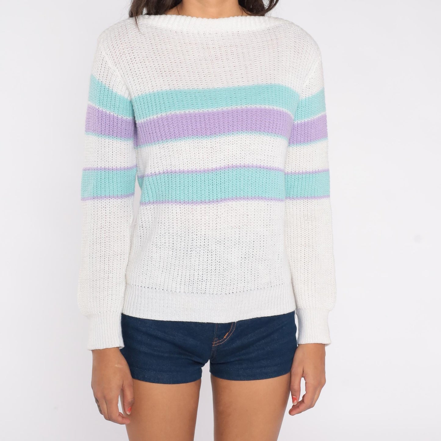 80s Green Lantern Striped Knit Sweater White Mint Lavender Small